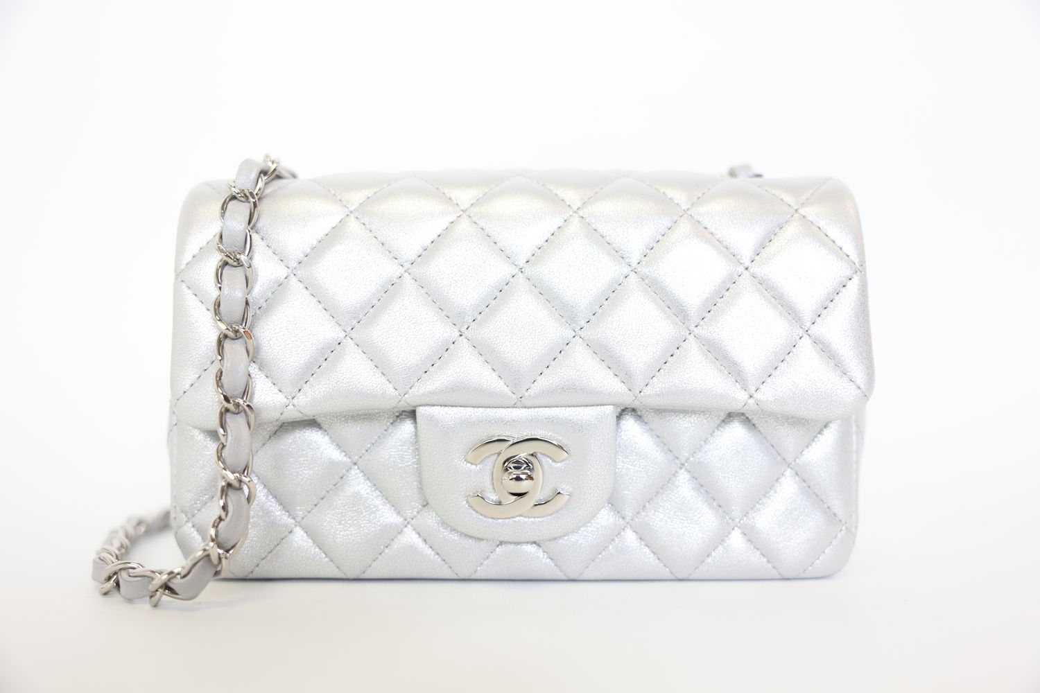 Chanel Classic Mini Rectangular, Metallic Silver Lambskin with Silver Hardware, New in Box WA001