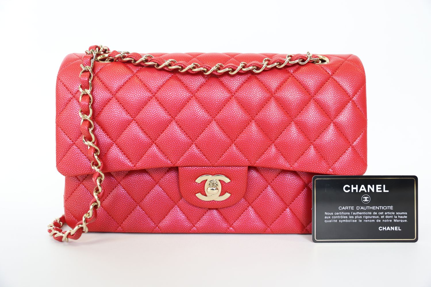 Chanel 21S Medium Red Iridescent Caviar Flap With Gold Hardware, Preowned In Dust Bag WA001