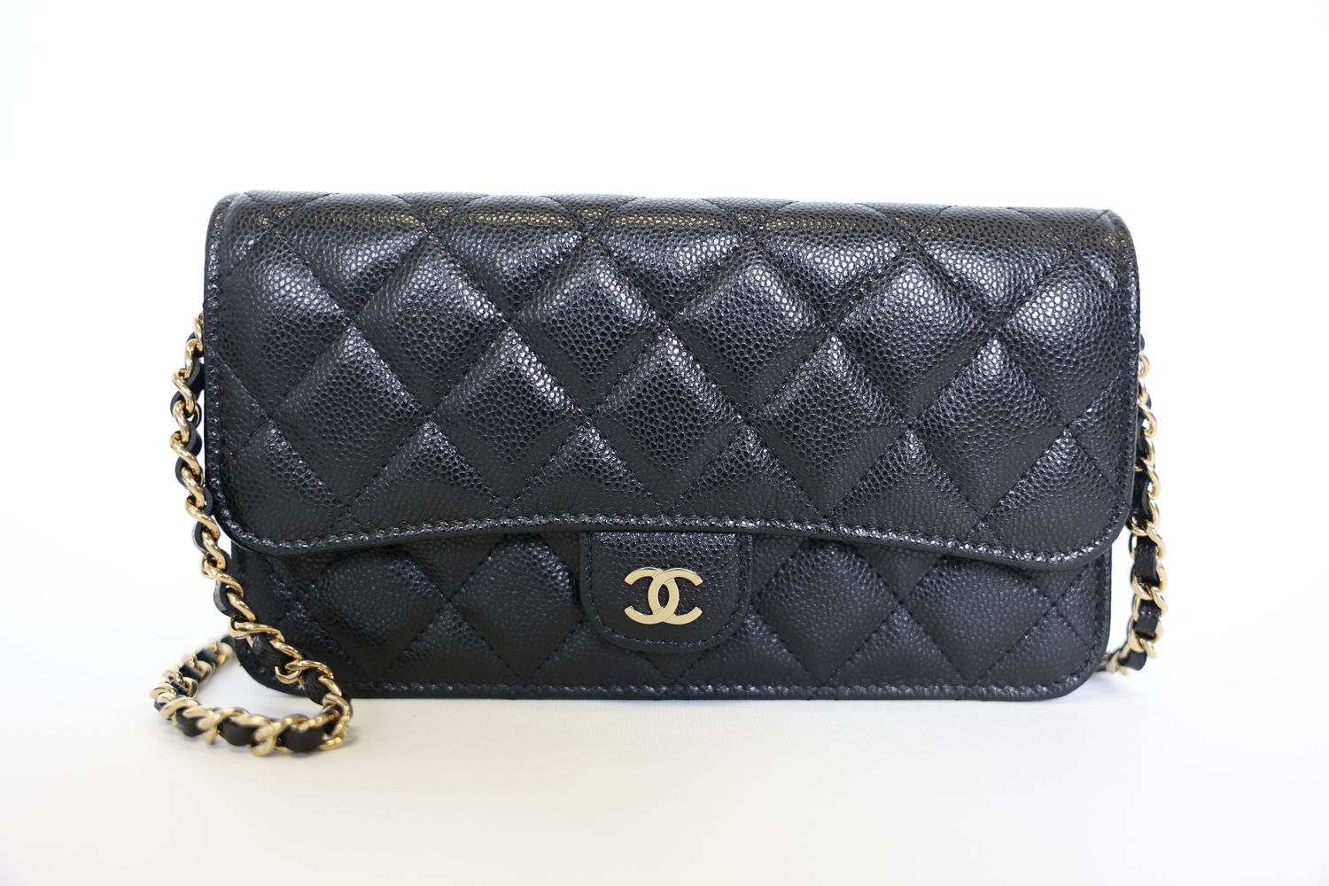 Chanel Phone Holder with Chain, Black Caviar with Gold Hardware, New in Box WA001