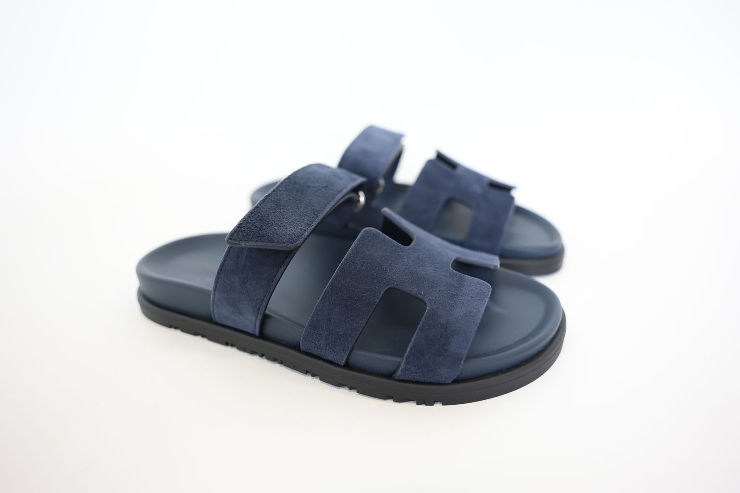 Hermes Shoes, Chypre Sandals Size 37, Blue Suede Goatskin with Palladium Hardware, New in Box WA001