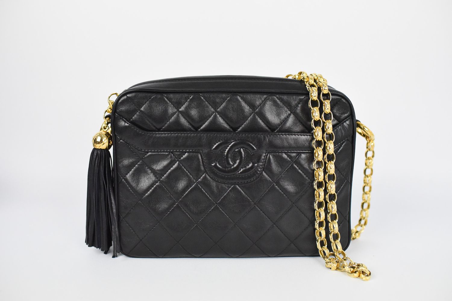 Chanel Vintage CC Camera Bag with Tassel, Black Lambskin with Gold Hardware, Preowned in Dustbag GA001