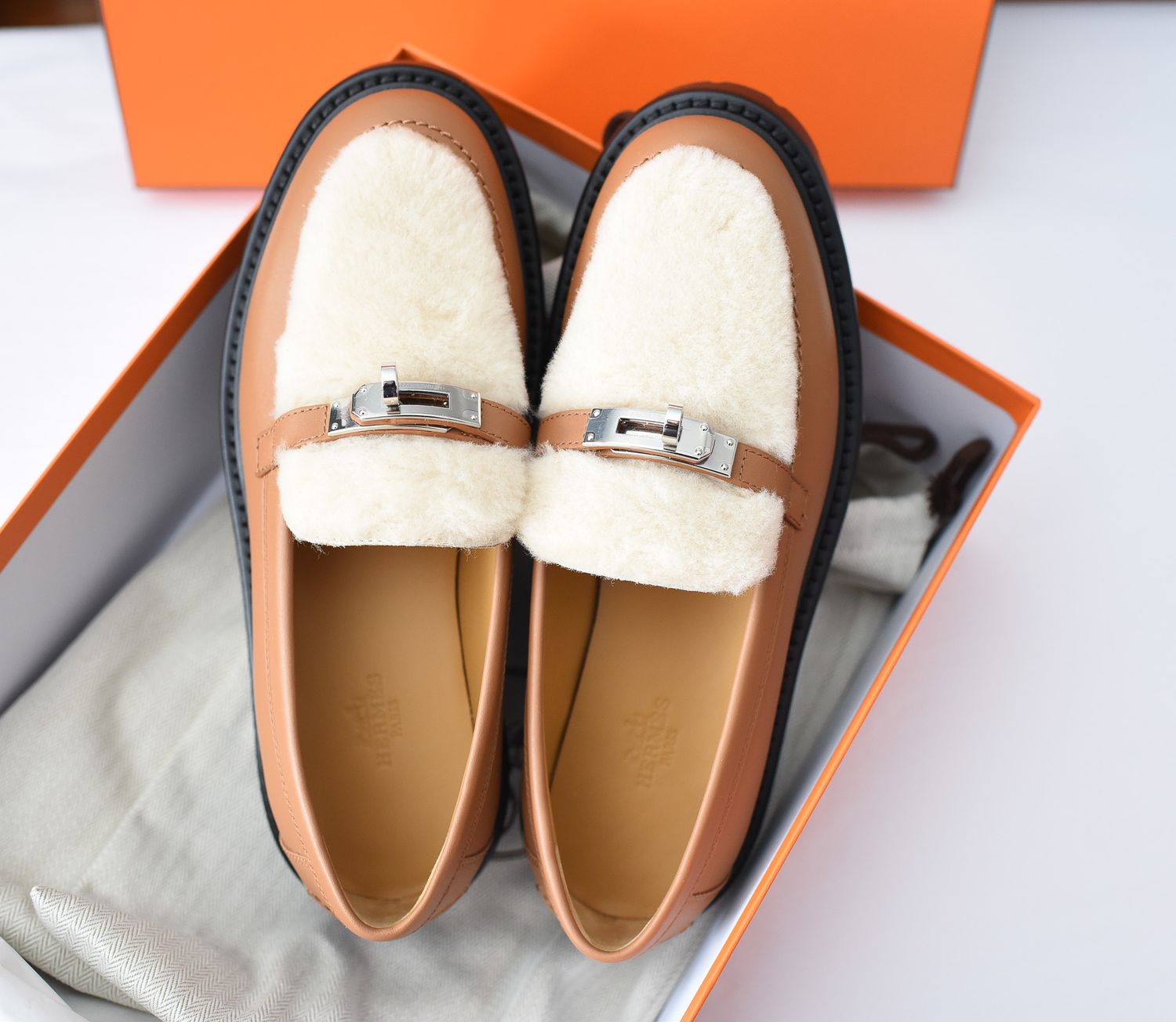 Hermes Loafers, Icone, Calfskin and Shearling, Size 37.5
