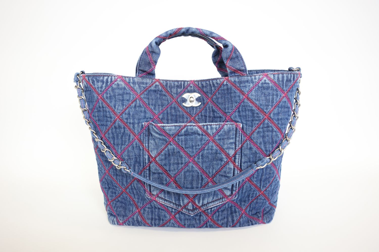 Chanel Stitched Coco Beach Shopping Tote Bag, Blue Denim and Red with Ruthenium Hardware, New in Box WA001