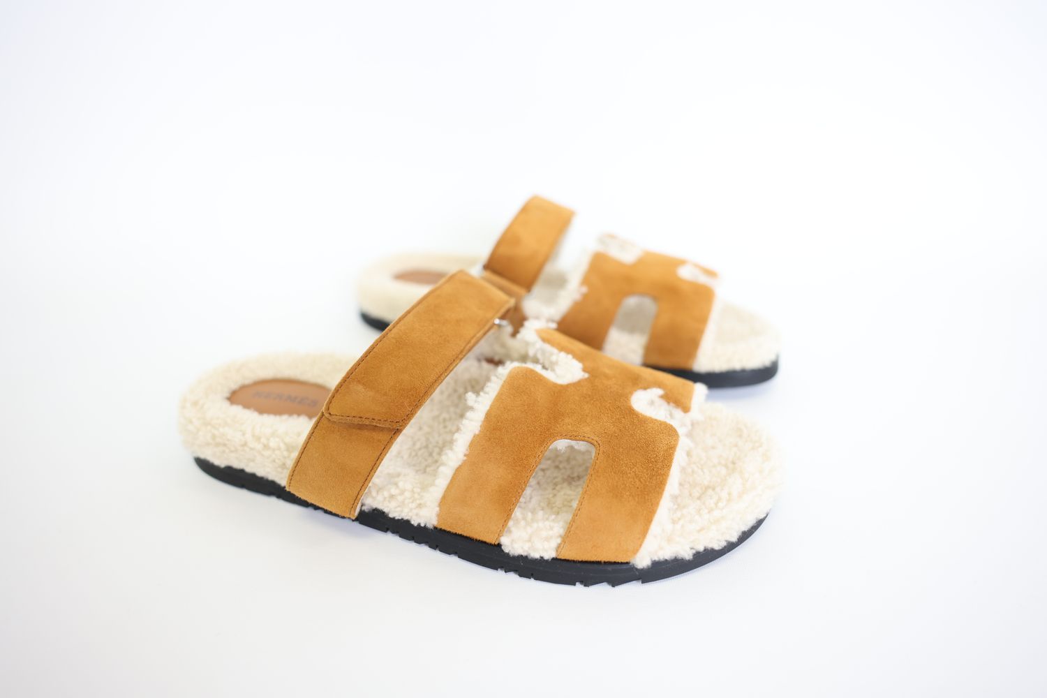 Hermes Shoes, Chypre Sandals Size 42, Tan Naturel Ecru Suede Goatskin with Shearling Lining with Palladium Hardware, New in Box WA001