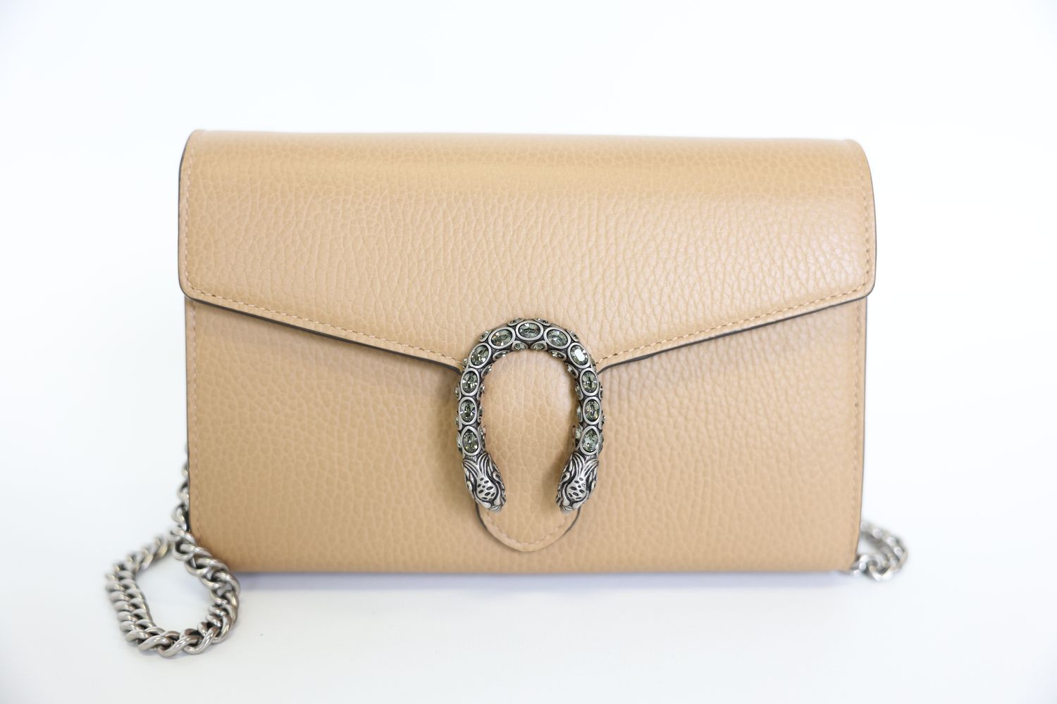 Gucci Dionysus Leather Chain Wallet Mini, Beige Leather with Antique Silver Hardware, Preowned in Box WA001