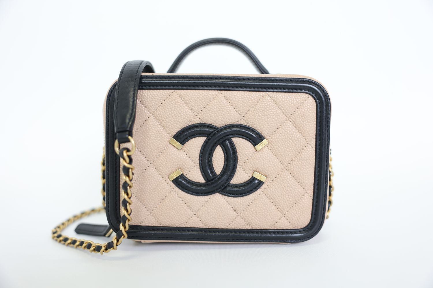 Chanel Filigree Vanity Case Small Beige Caviar and Black with Gold Hardware Preowned in Box WA001