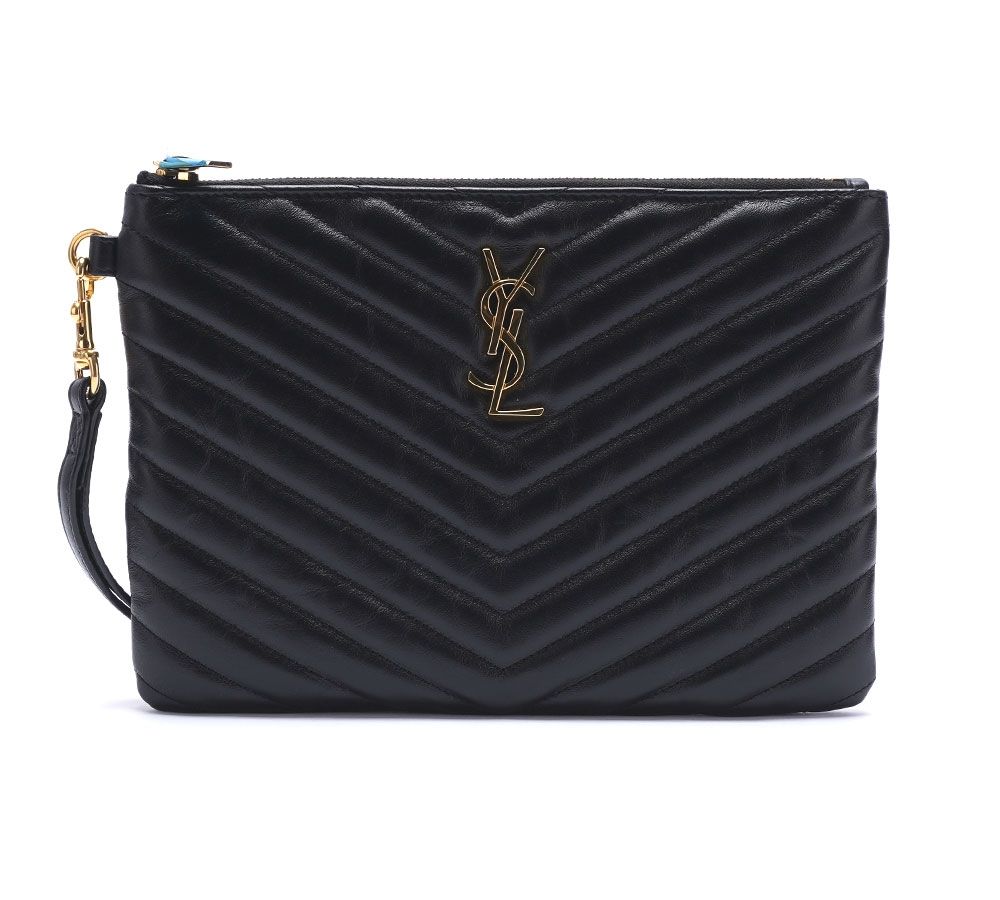 Saint Laurent Matelasse Clutch with Strap, Black Leather, Gold Hardware, Preowned in Box GA001P