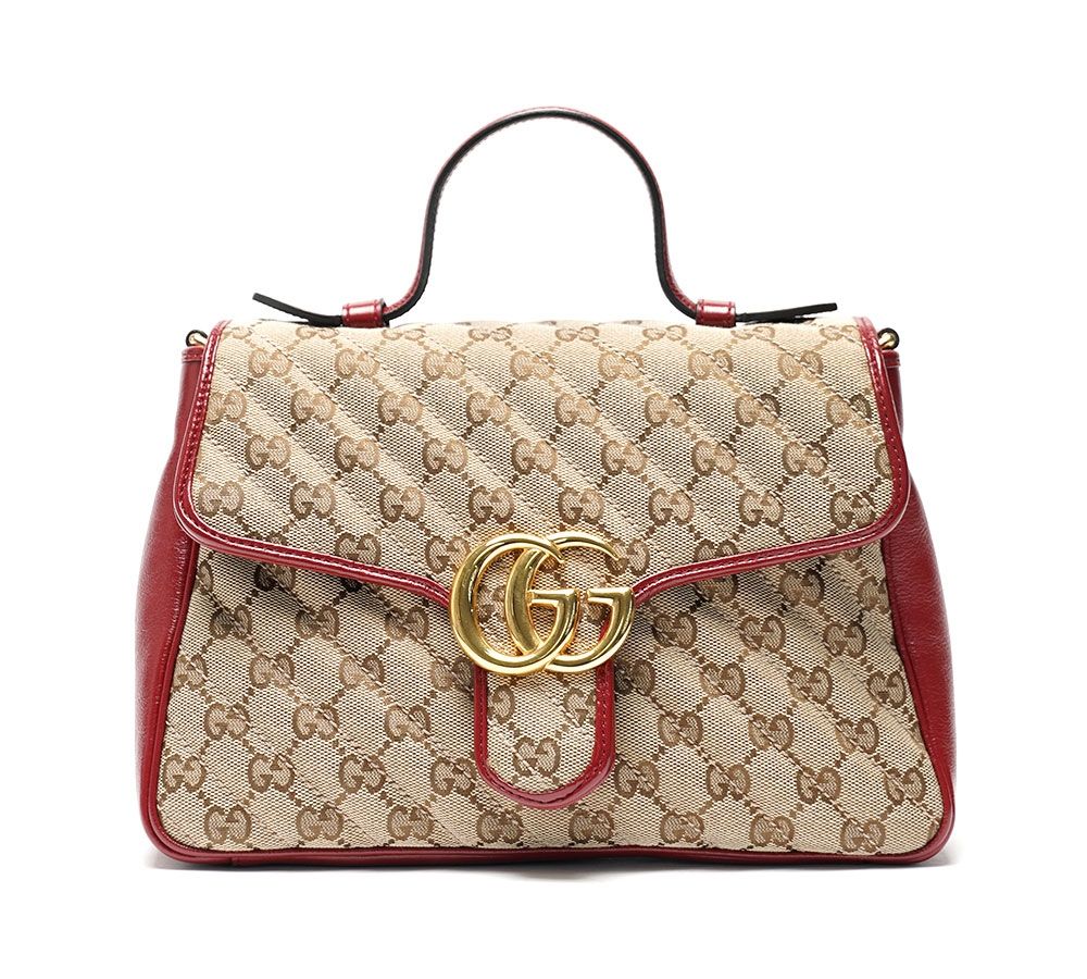 Gucci Marmont 2 Way Top Handle Bag Red and Beige Gold Hardware Preowned in Dustbag GA001P
