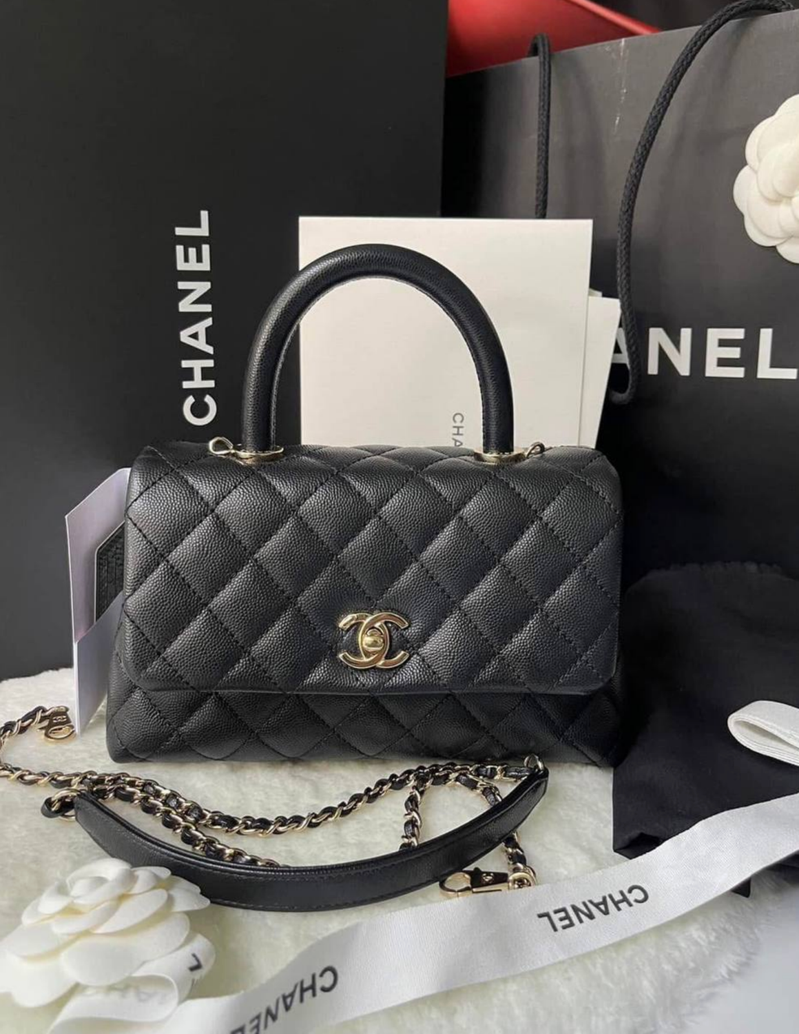 Preorder Chanel Coco Handle, Small, Black Caviar Leather, Light Gold Hardware, Preowned in Box