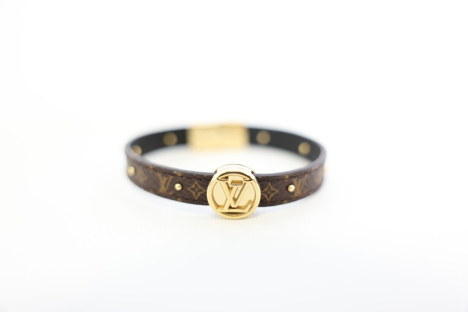 Louis Vuitton LV Circle Reversible Bracelet,  Monogram Canvas and Black Calf Leather with Gold Hardware, Preowned in Box WA001