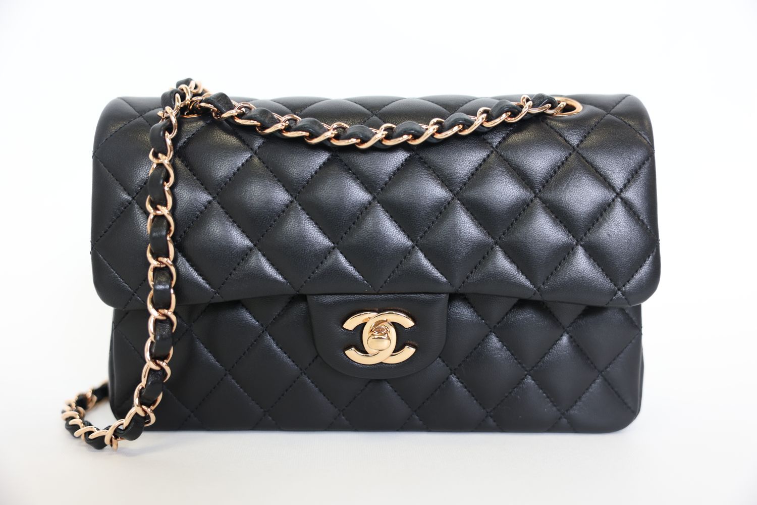 Chanel Classic Small, 21B Black Lambskin with Rose Gold Hardware, Preowned in Box WA001