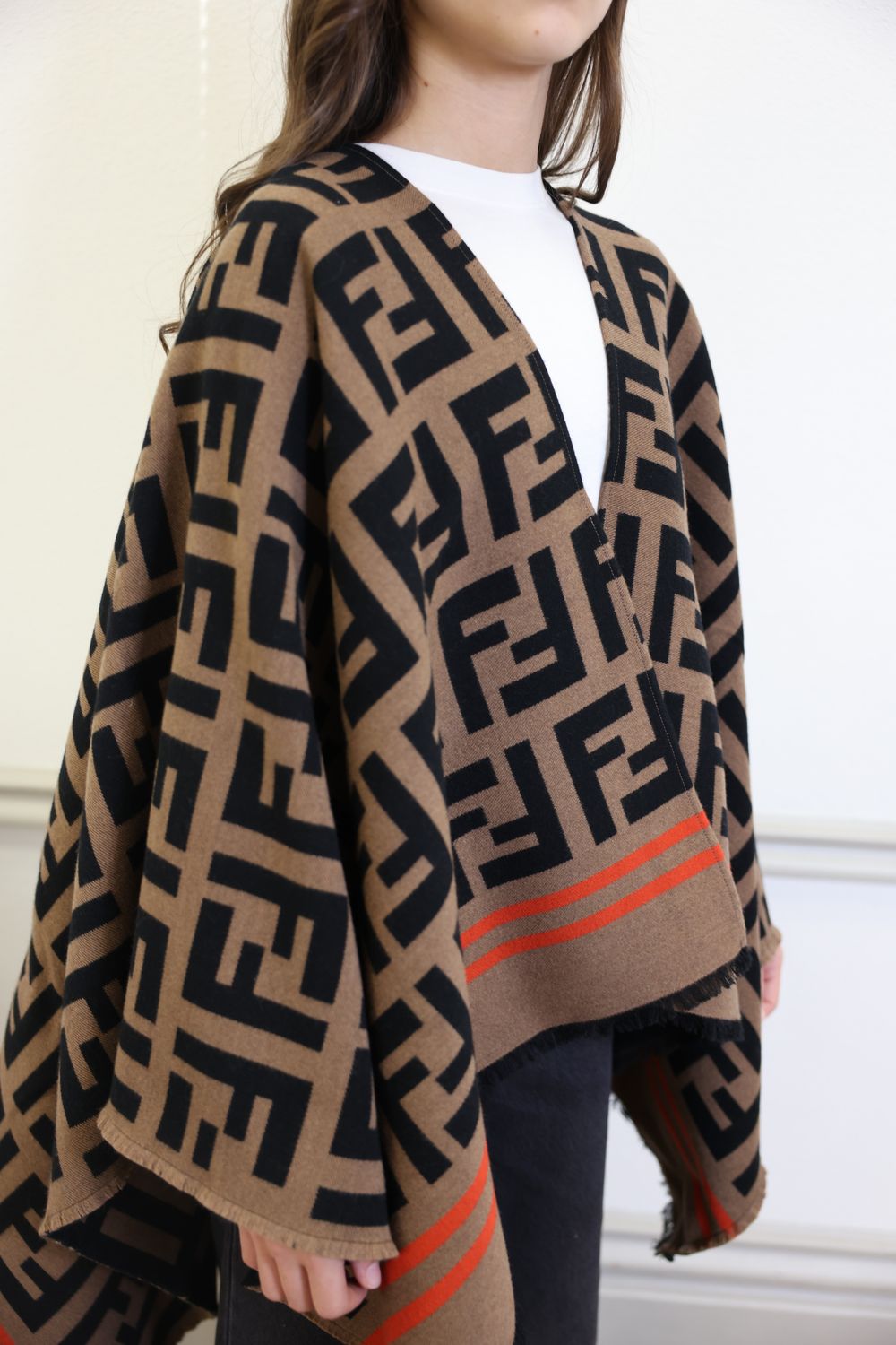 Fendi FF Poncho, Brown Black Orange Wool and Silk, Preowned in Dustbag WA001