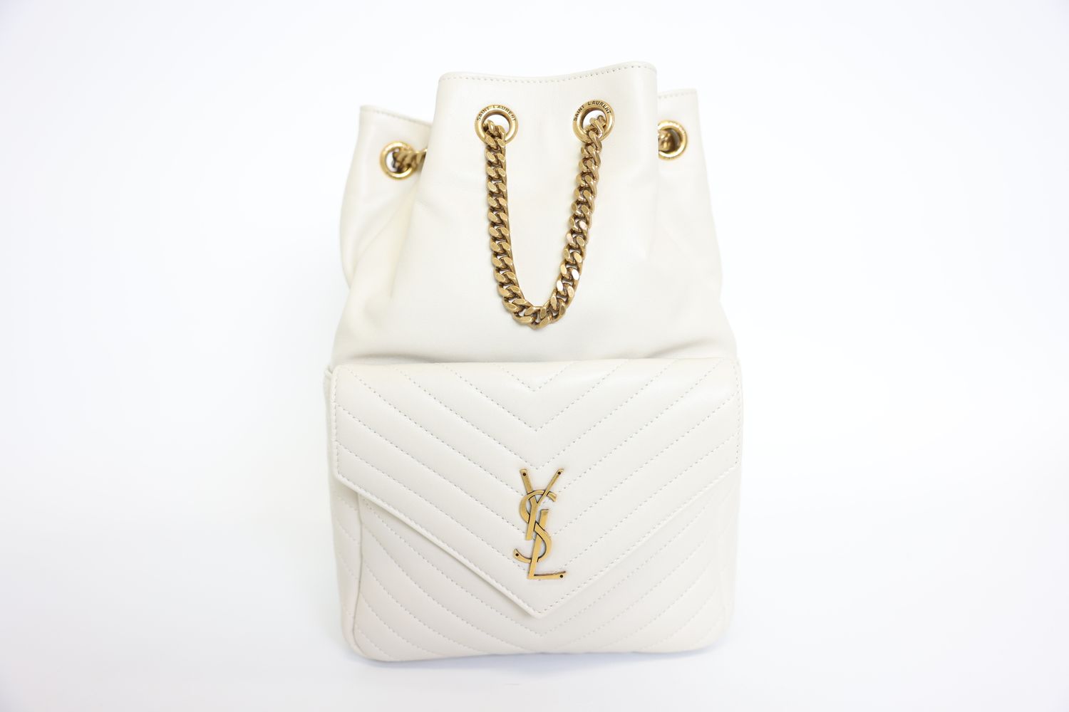 Saint Laurent Drawstring Joe Backpack, White Blanc Vintage Chevron Leather with Bronze Hardware, Preowned in Dustbag WA001