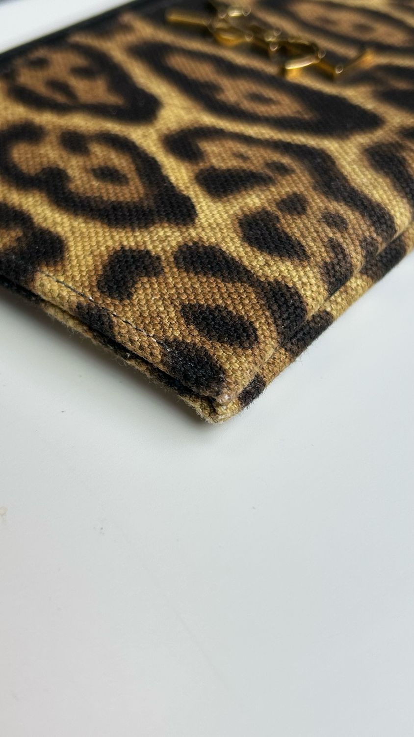 Saint Laurent YSL Logo Bill Pouch, Leopard Print Brown Black Canvas and Calfskin with Gold Hardware, Preowned in Dustbag WA001