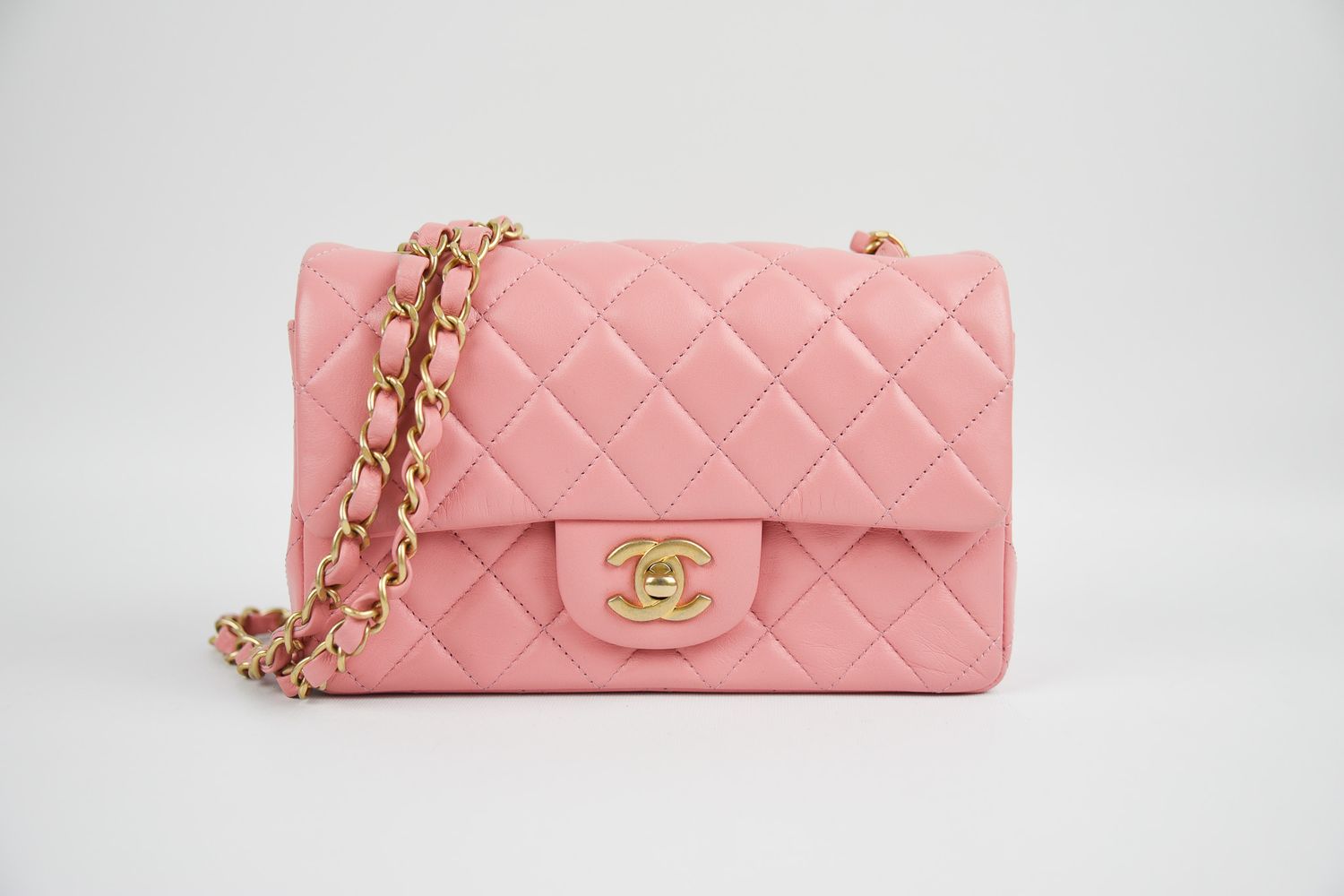 Chanel Classic Mini Rectangular Single Flap, Pink Lambskin Leather with Brushed Gold Hardware, Preowned in Box GA003