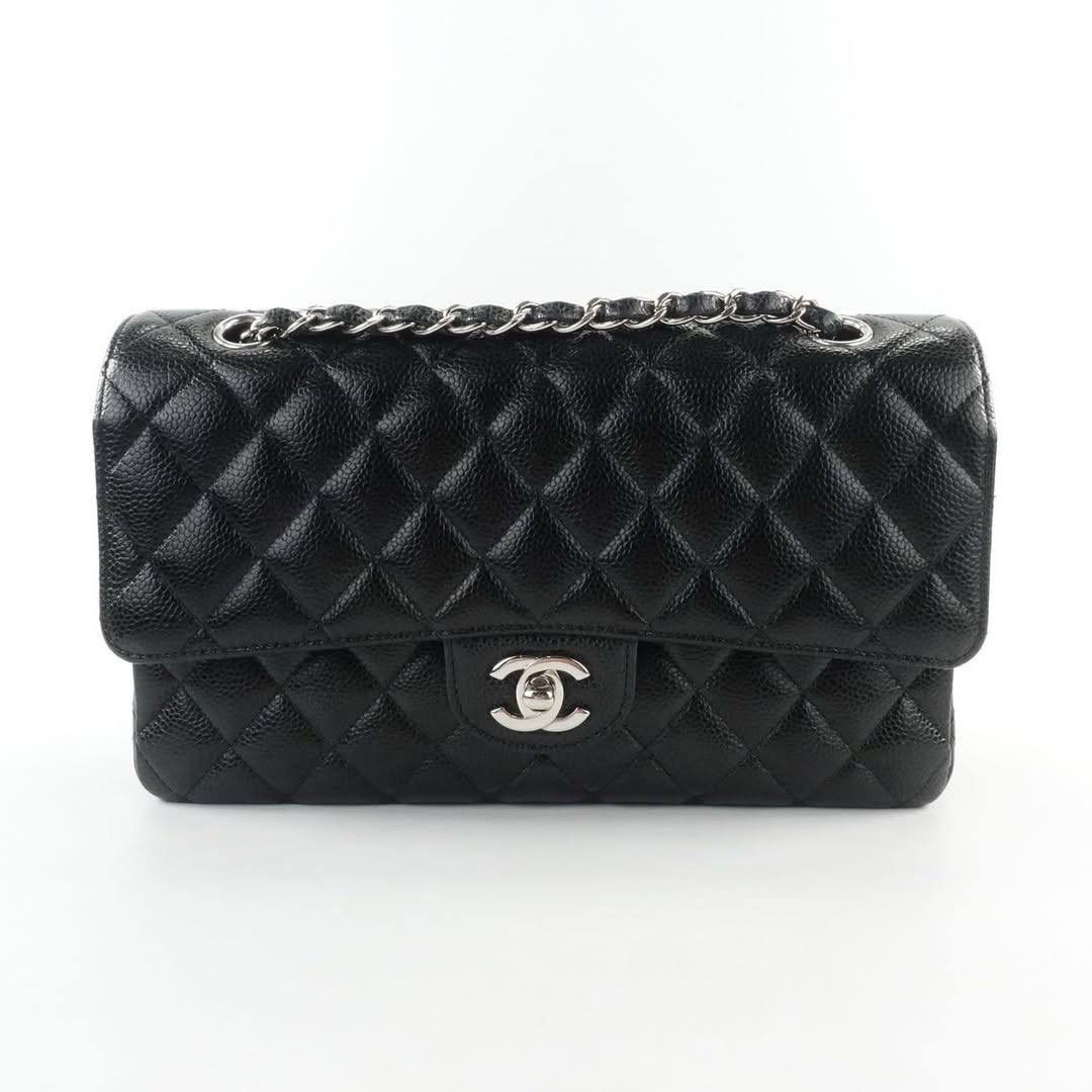 Preorder Chanel Classic Flap, Medium, Black Caviar Leather, Silver Hardware, Preowned in Box