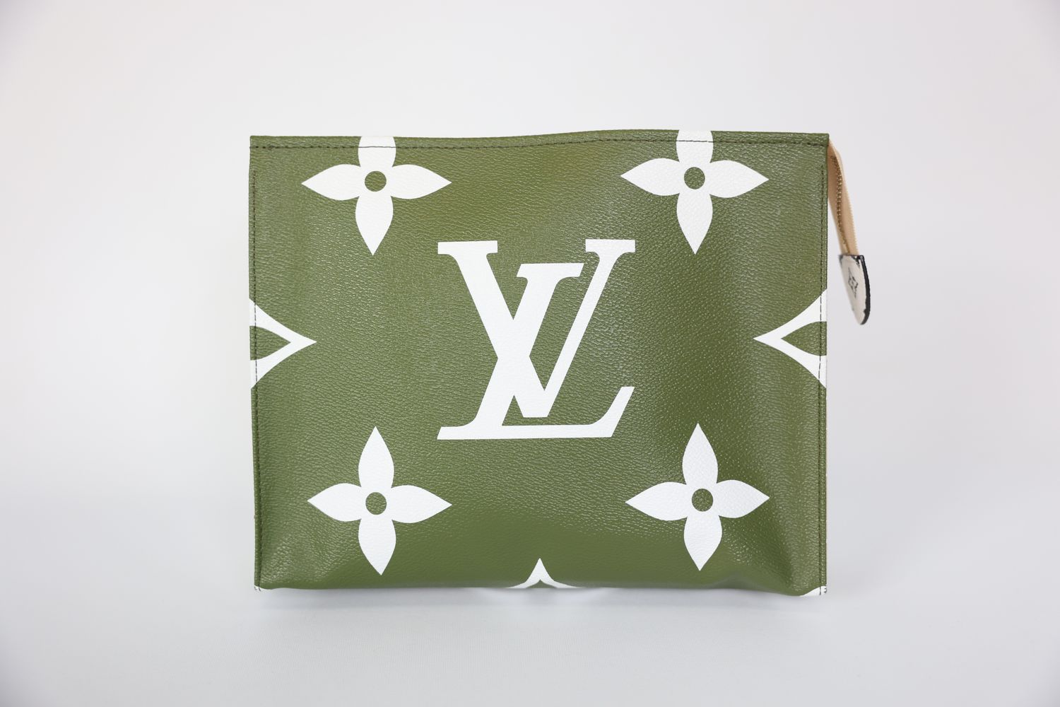 Vuitton Toiletry Pouch 26, Beige Khaki Olive Green and White Monogram Giant Canvas with Brass Zipper, Preowned in Box WA001
