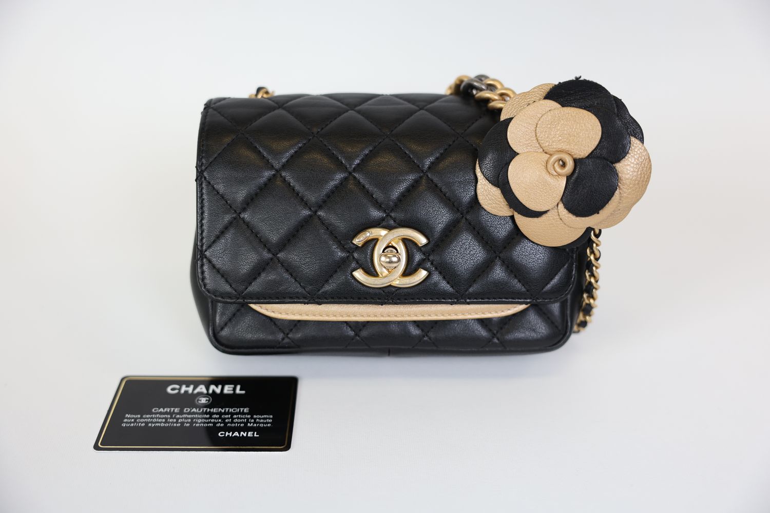 Chanel Flap Bag Set with Camellia Small, Black and Gold Lambskin Leather with Mixed Hardware, Preowned in Dustbag WA001