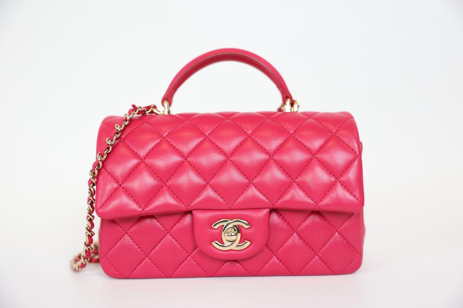 Chanel Top Handle Bag Mini Rectangular, 21K Dark Pink Lambskin with Gold Hardware, Preowned in Box WA001