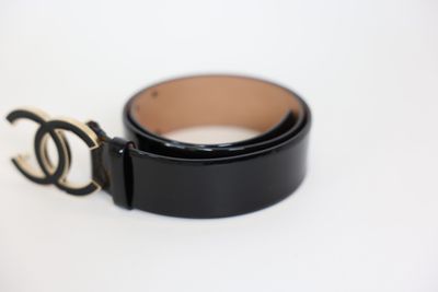 Chanel CC Logo Belt Size 75/30, 10P Black Patent Calfskin and