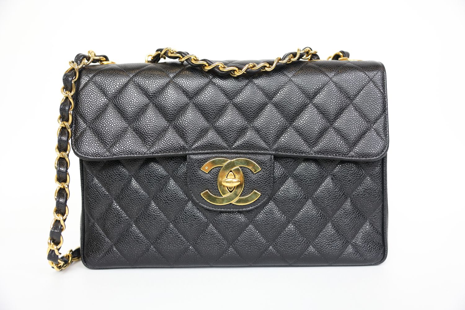 Chanel Vintage Jumbo, Black Caviar with Gold Hardware, Preowned in Box WA001