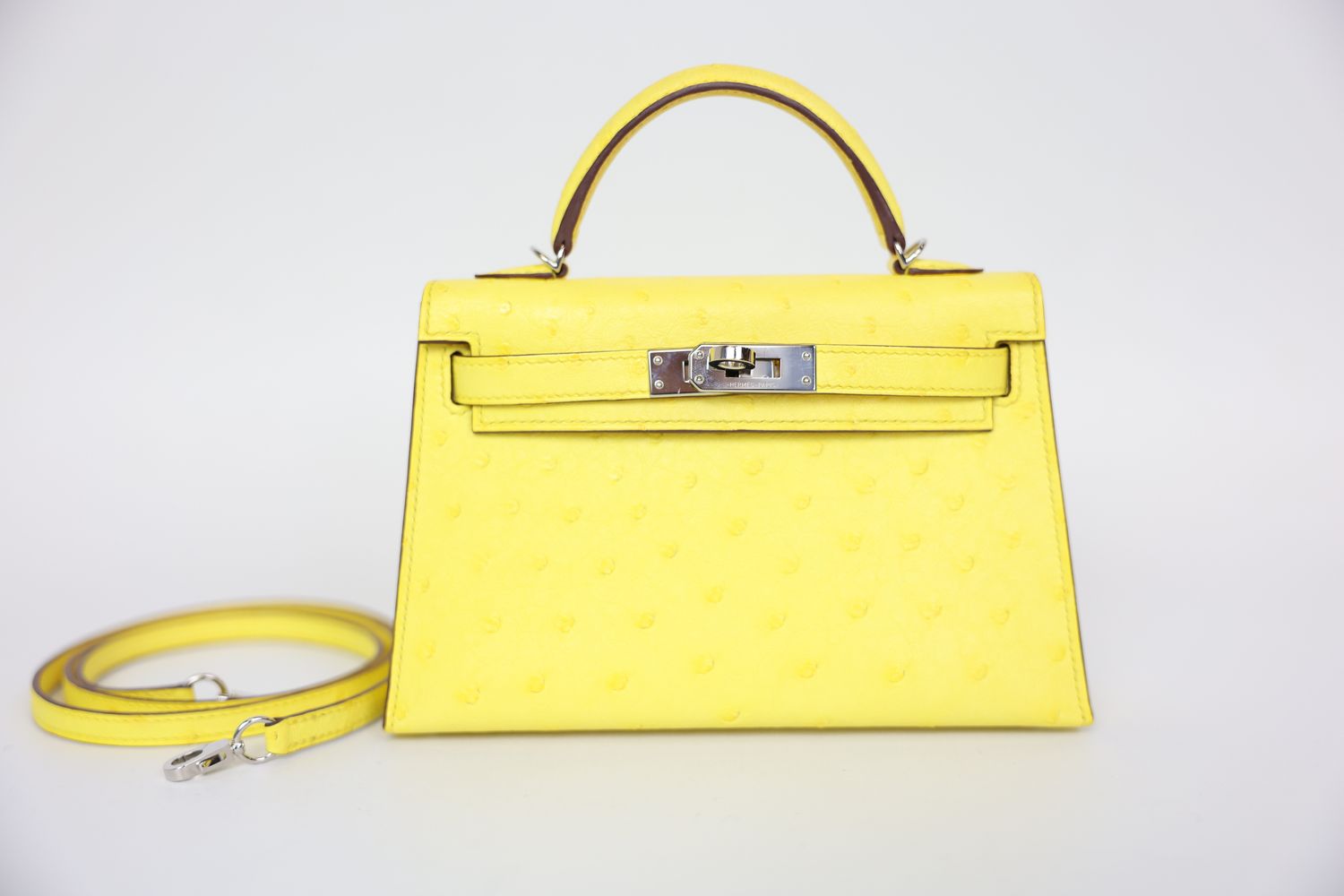 Hermes Kelly Bag Mini, Jaune Citron Lemon Yellow Ostrich with Palladium Hardware, D 2019, Preowned in Box WA001