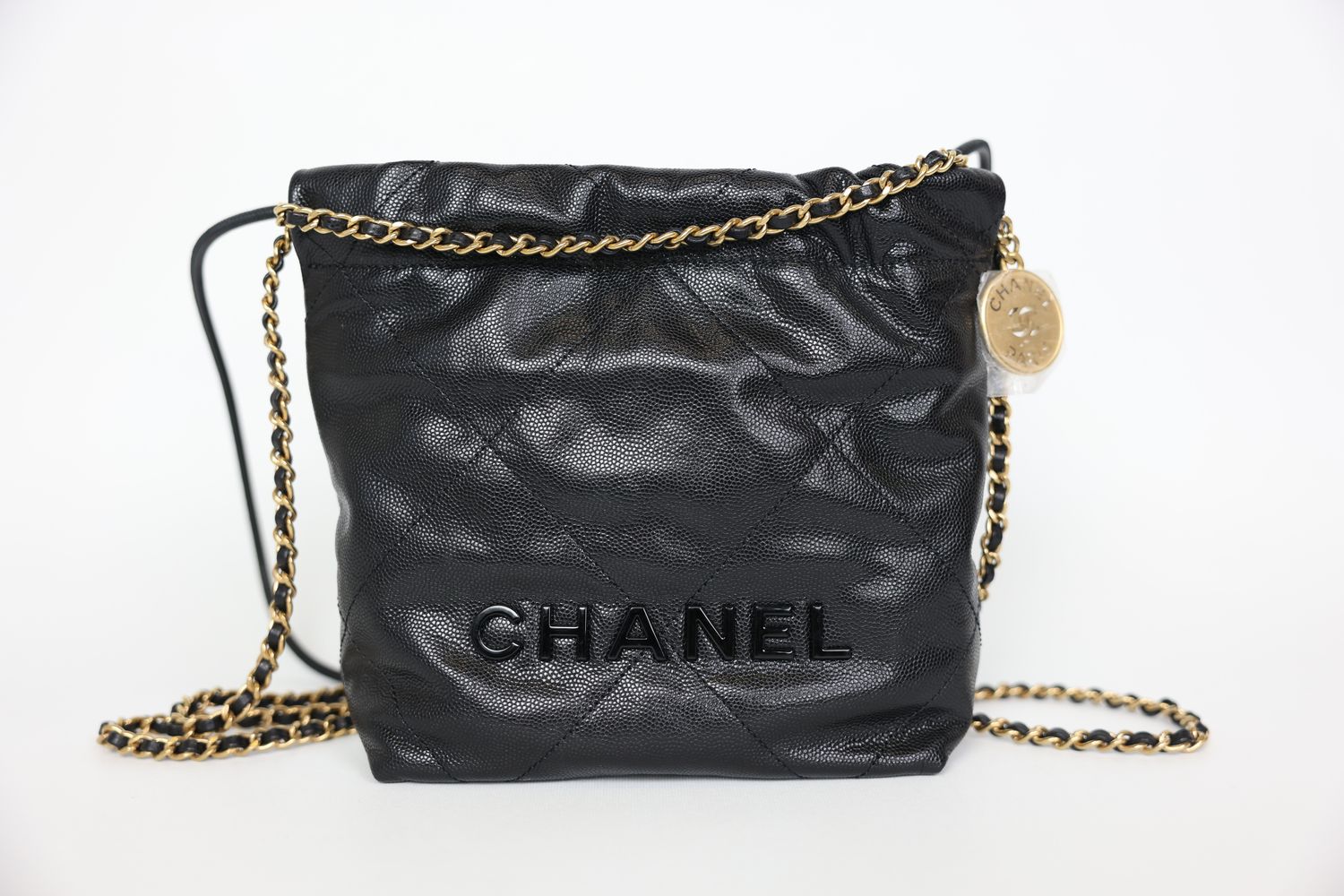 Chanel 22 Mini, 23K Black Shiny Caviar with Black and Gold Hardware, New in Box WA001