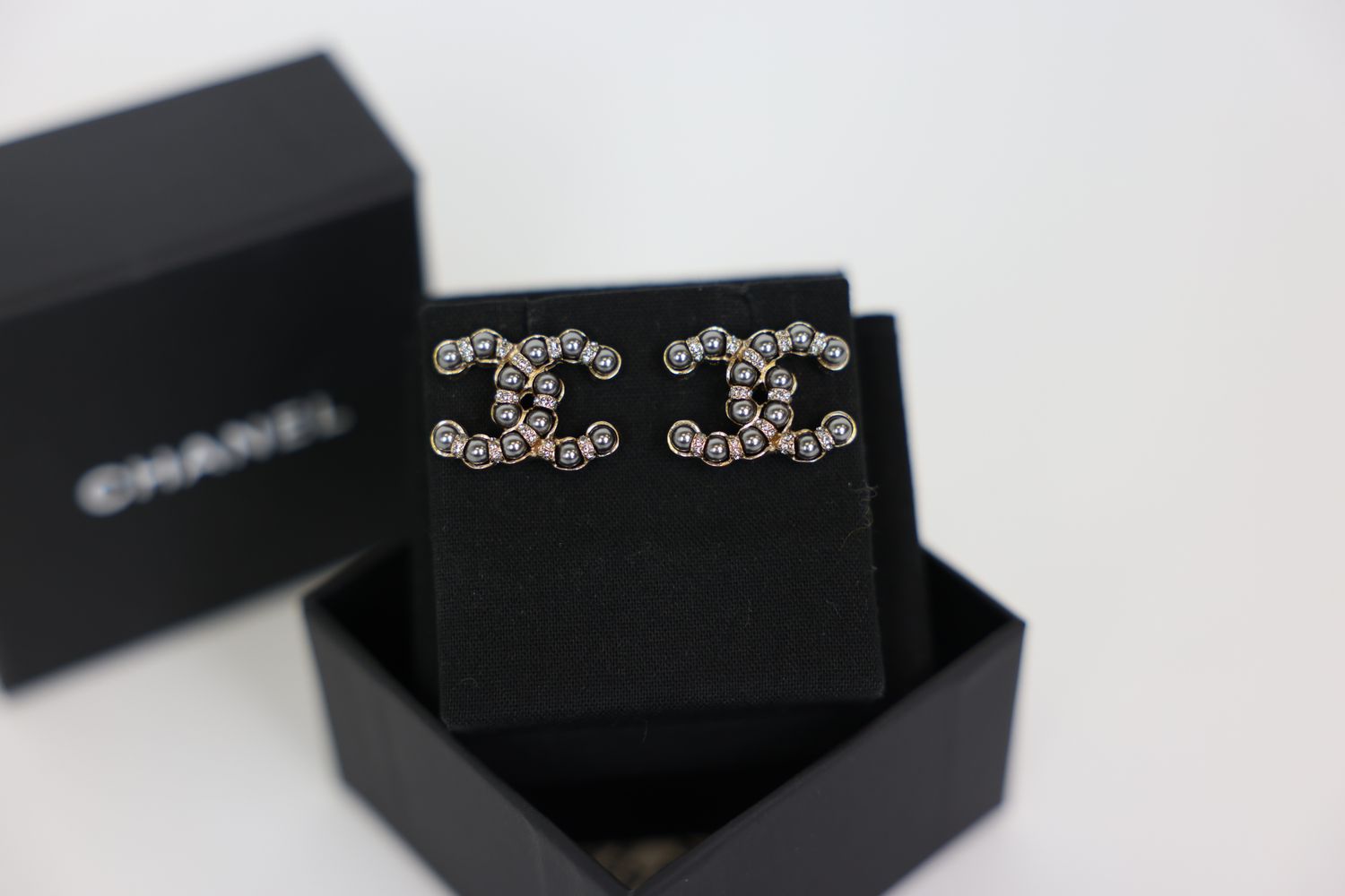 Chanel CC Logo Earrings, 19A Grey Pearls and Crystals with Golden Hardware, Preowned in Box WA001