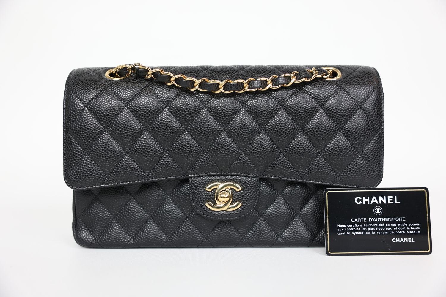 Chanel Classic Medium Double Flap, Black Caviar with Gold Hardware, Preowned in Box WA001