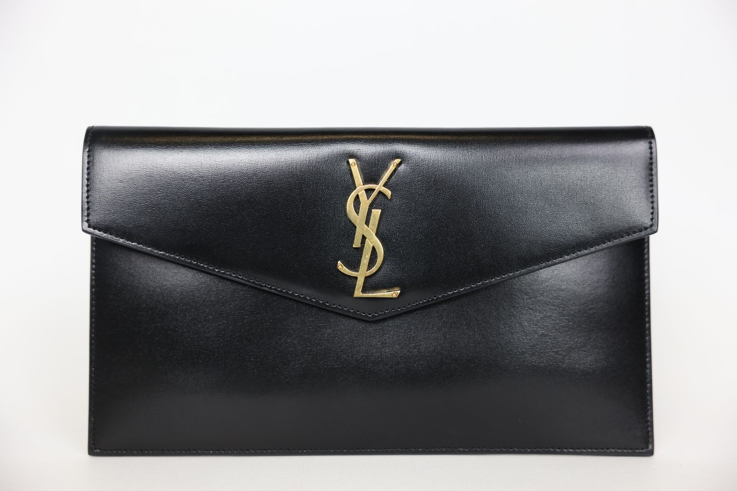 Saint Laurent Uptown Envelope Clutch Bag Small, Black Calfskin with Gold Hardware, Preowned in Box WA001