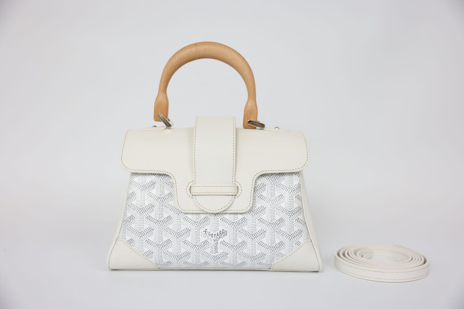 Goyard Saigon Souple Bag Mini, Wood Handle White Goyardine Canvas and Chevroches Calfskin with Silver Hardware, Preowned in Box WA001