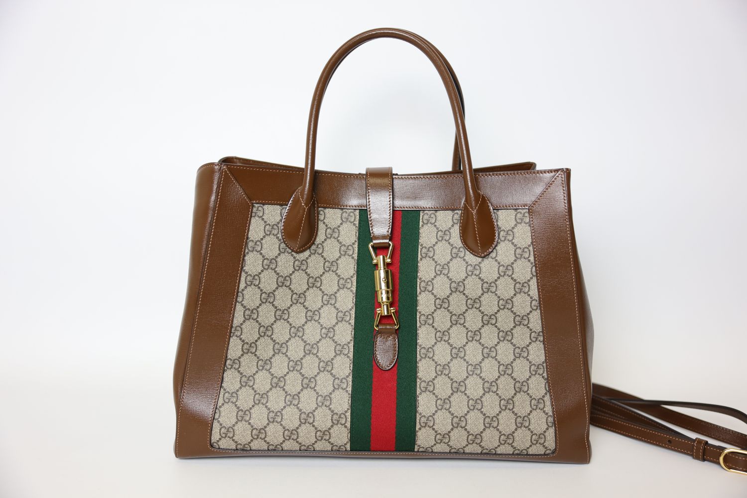 Gucci Jackie 1961 Tote Bag Large, Beige and Ebony GG Supreme Canvas and Brown Leather Trim with Gold Hardware, Preowned in Dustbag WA001