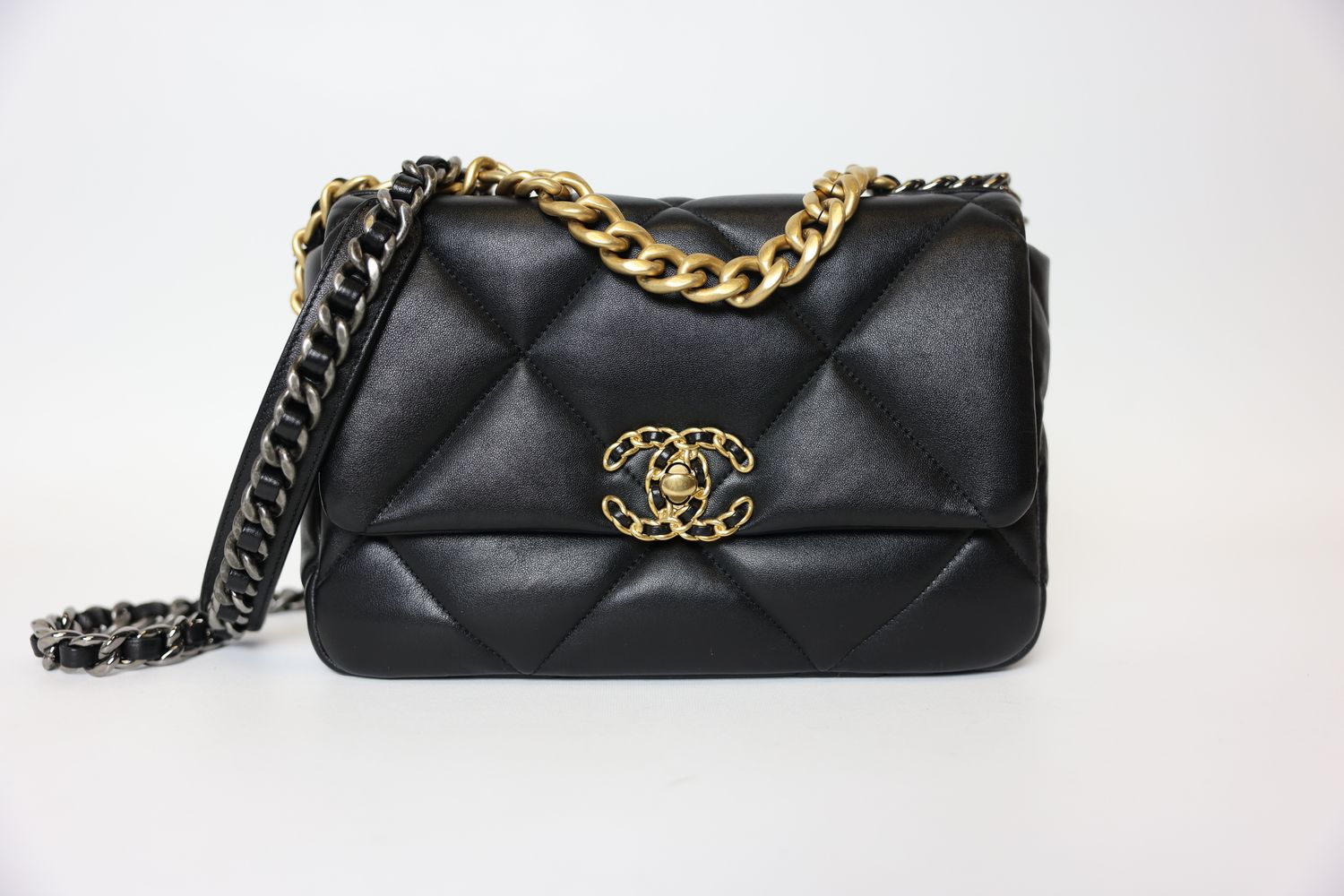 Chanel 19 Small, Black Lambskin with Mixed Hardware, Preowned in Box WA001