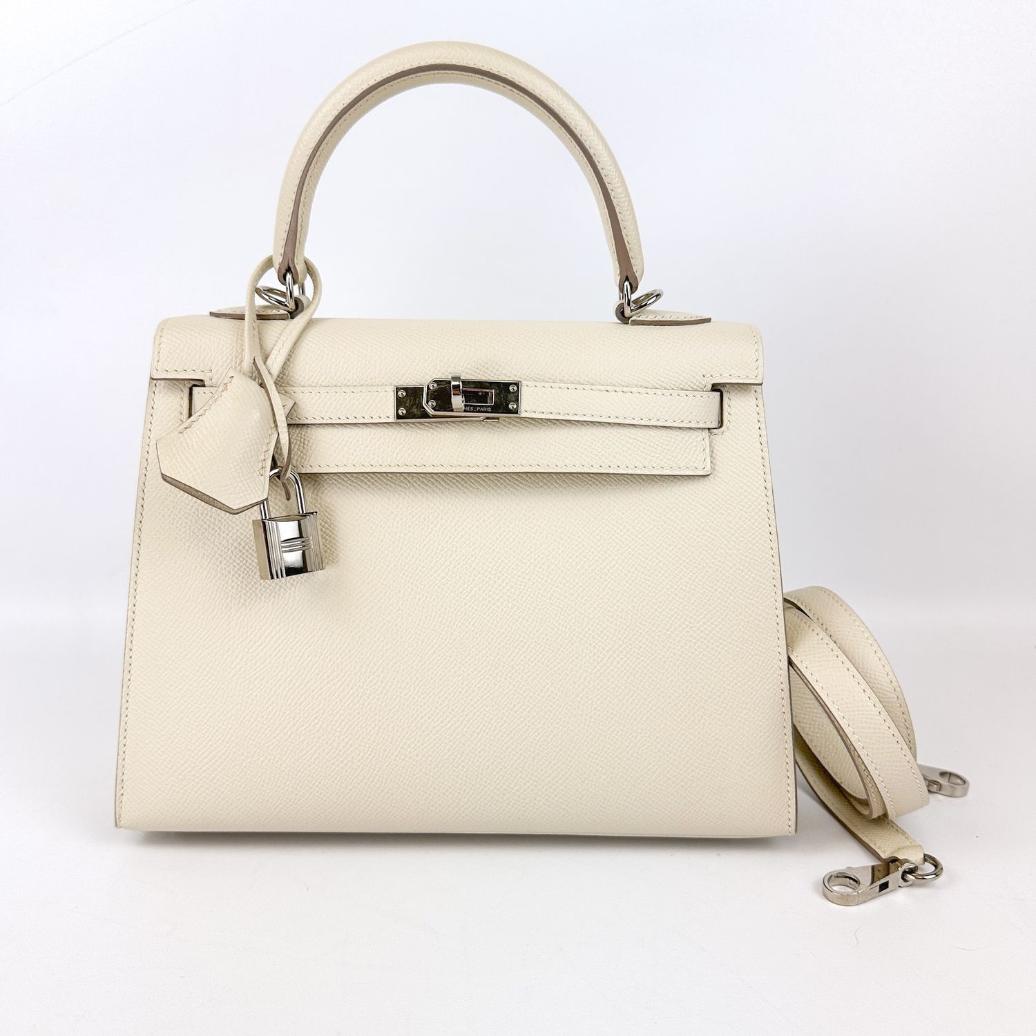 Hermes Kelly 25 Sellier, Craie Leather, Palladium Hardware, X Stamp, Preowned in Box MA001