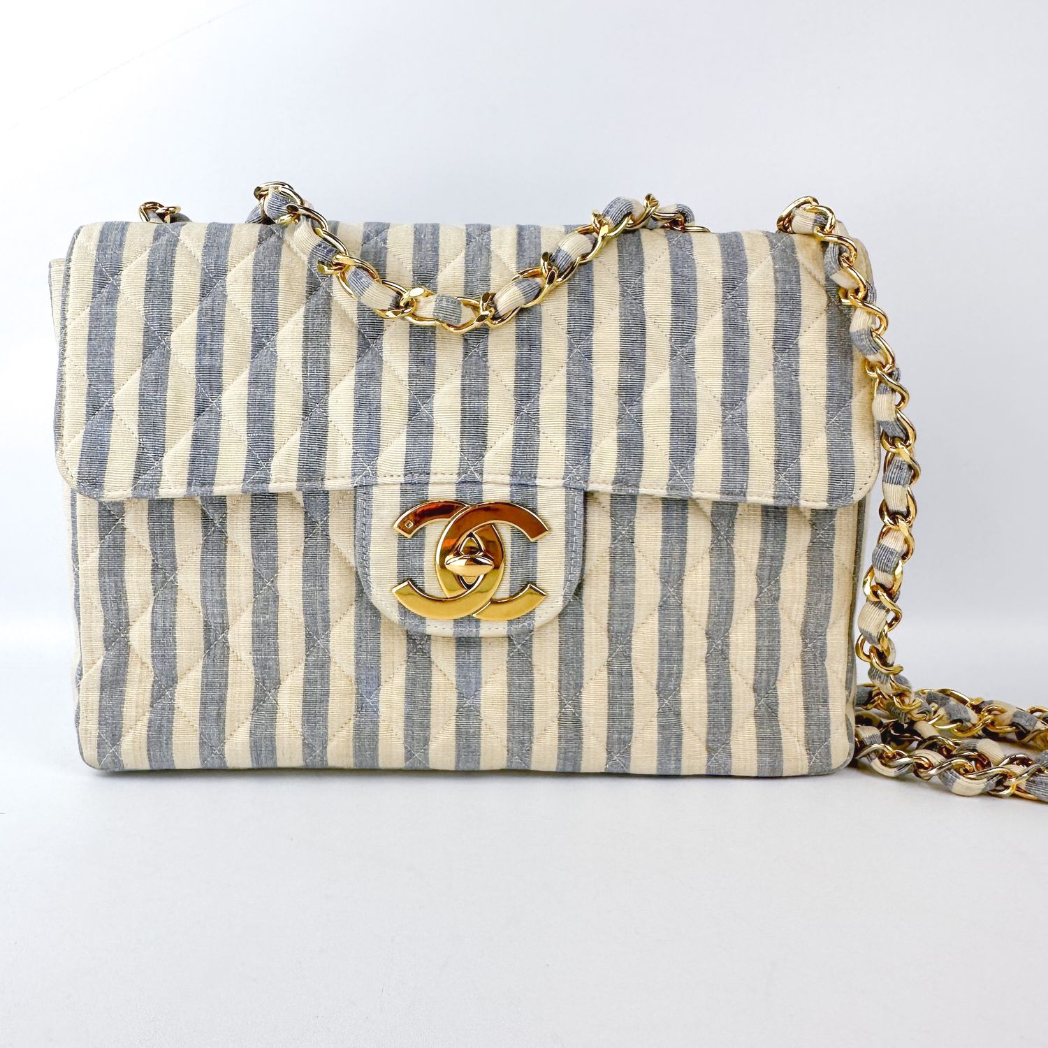Chanel Vintage Bag, Blue and White Stripes, Gold Hardware, Preowned, No Dustbag MA001