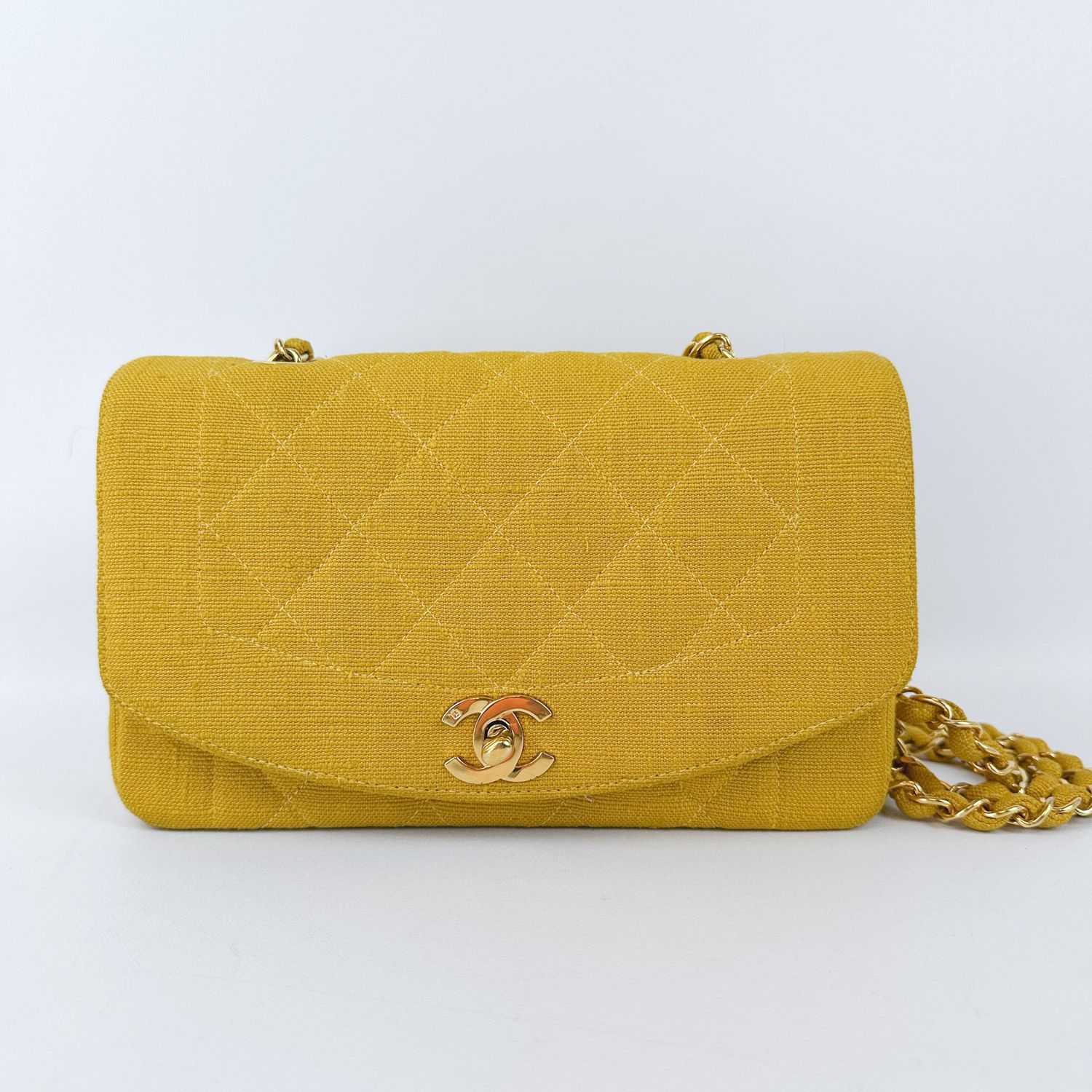 Chanel Diana, Yellow Tweed, Gold Hardware, Preowned in Dustbag MA001
