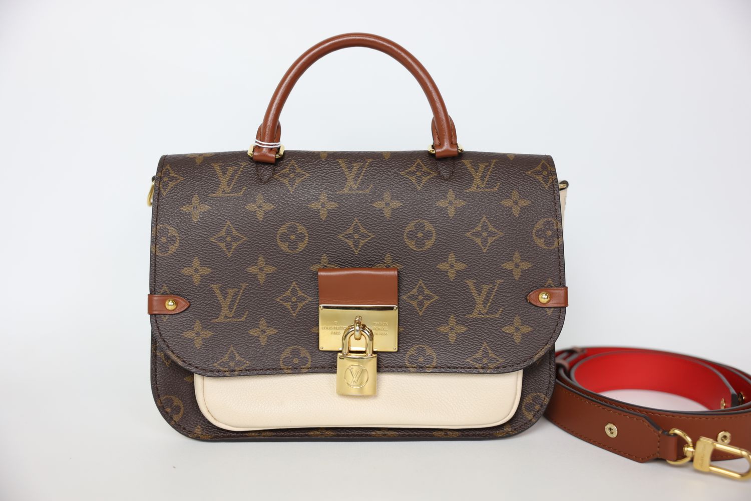 Louis Vuitton Vaugirard, Creme and Tan Leather Monogram Coated Canvas with Gold Hardware, Preowned No Dustbag WA001