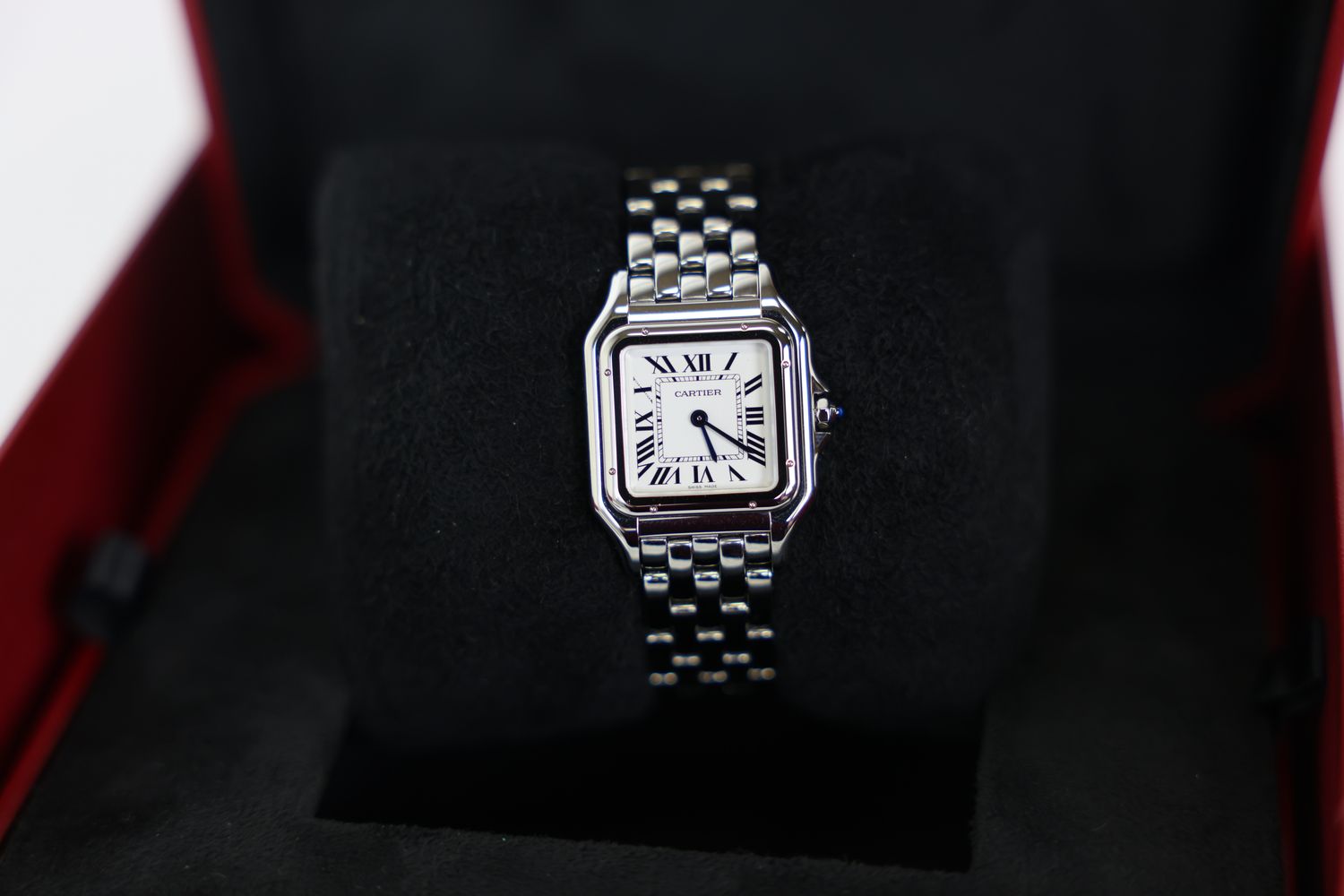 Cartier Panthère de Cartier Watch Medium Model, Synthetic Blue Spinel Crown and Steel Hands, Case and Bracelet, Preowned in Box WA001