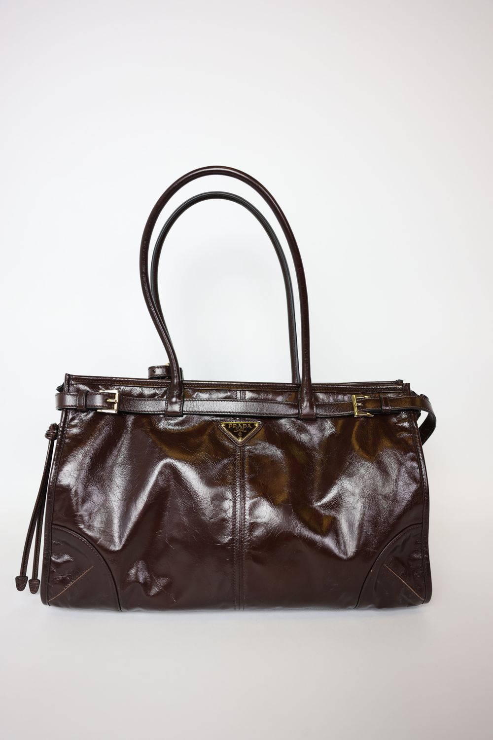 Prada Long Handle Large, Dark Brown Shiny Leather with Gold Hardware, Preowned in Dustbag WA001