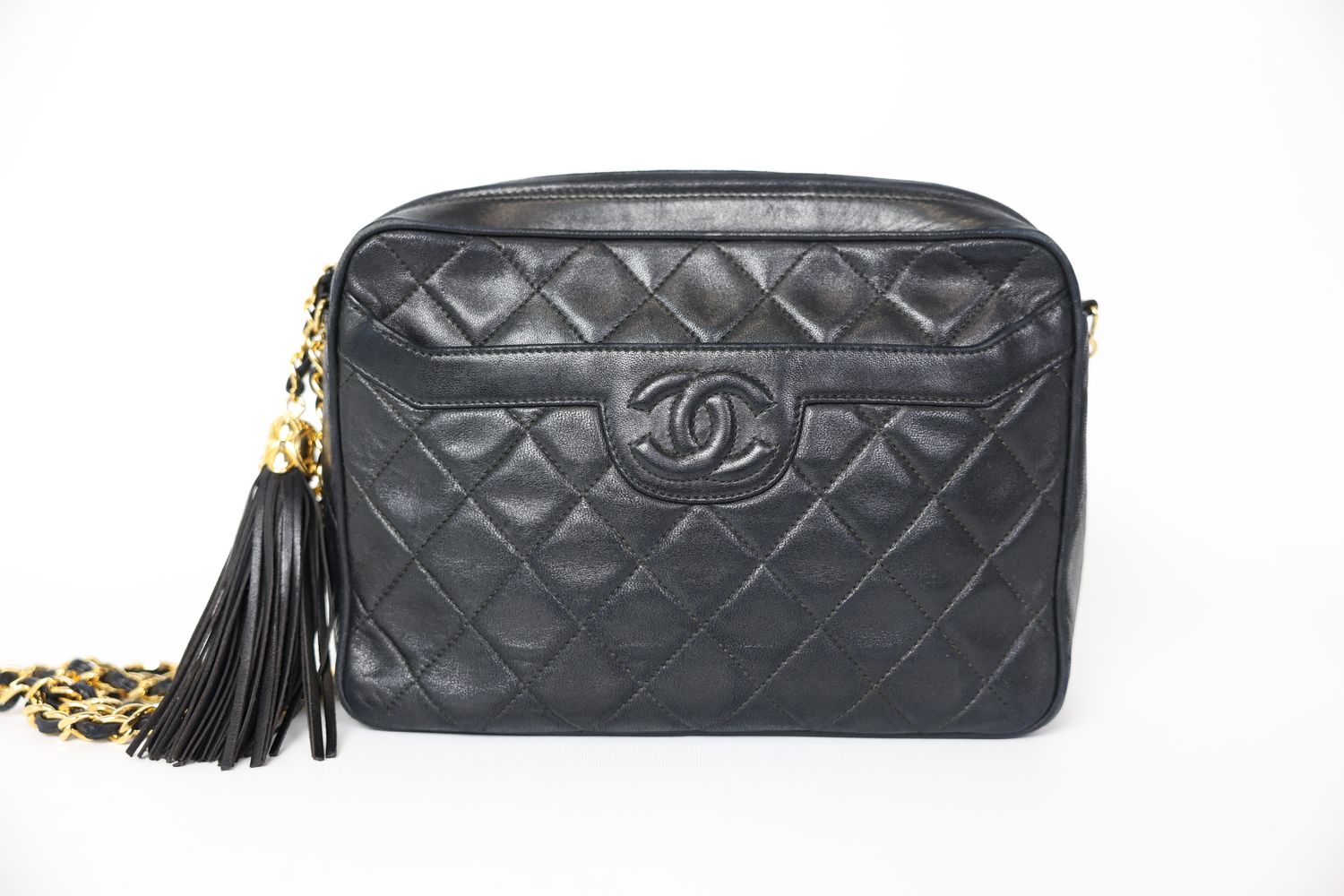 Chanel Chain Camera Tassel Bag Medium, Black Lambskin with Gold Hardware, Preowned No Dustbag WA001