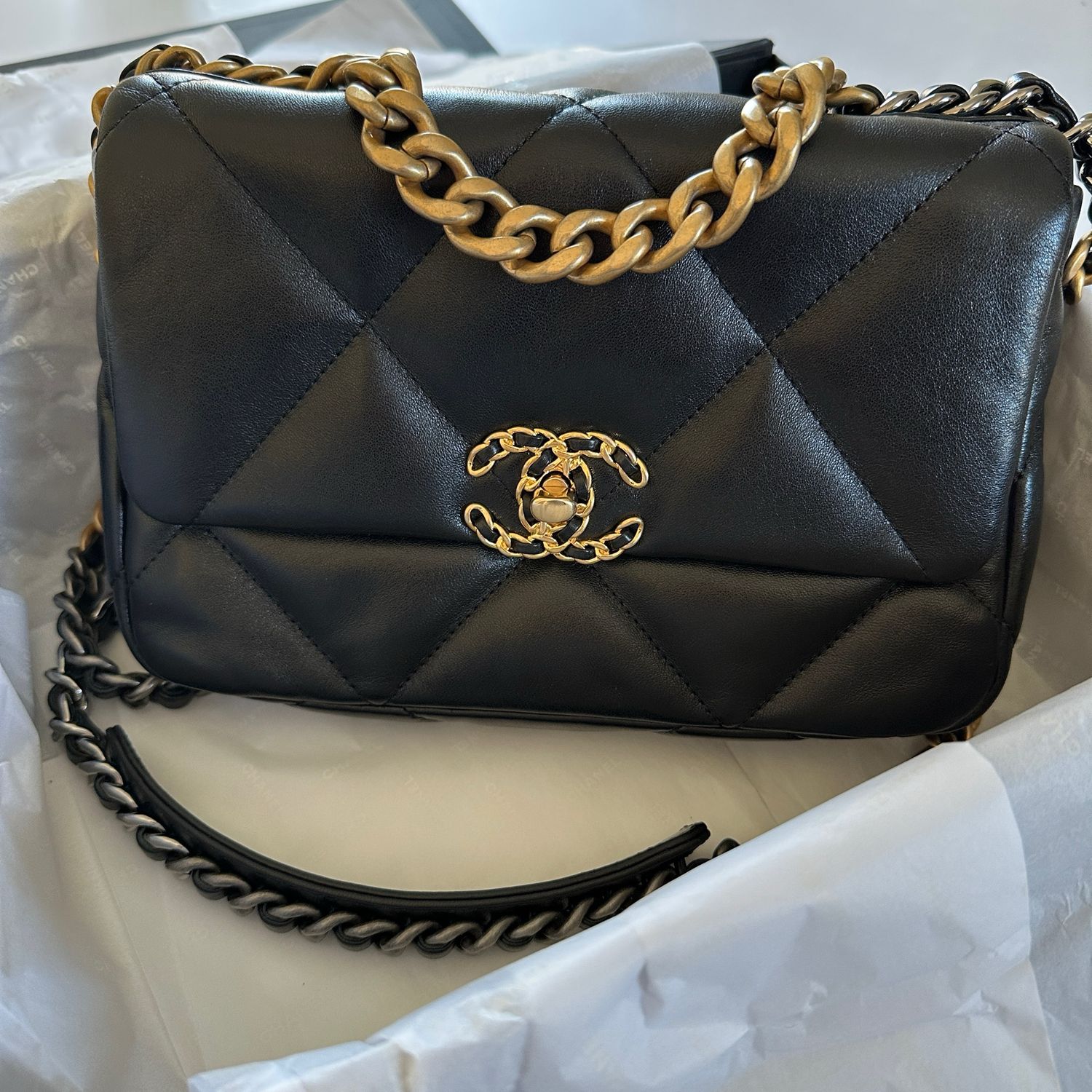 Chanel 19 Small, Black Lambskin, Gold Hardware, Like New in Box