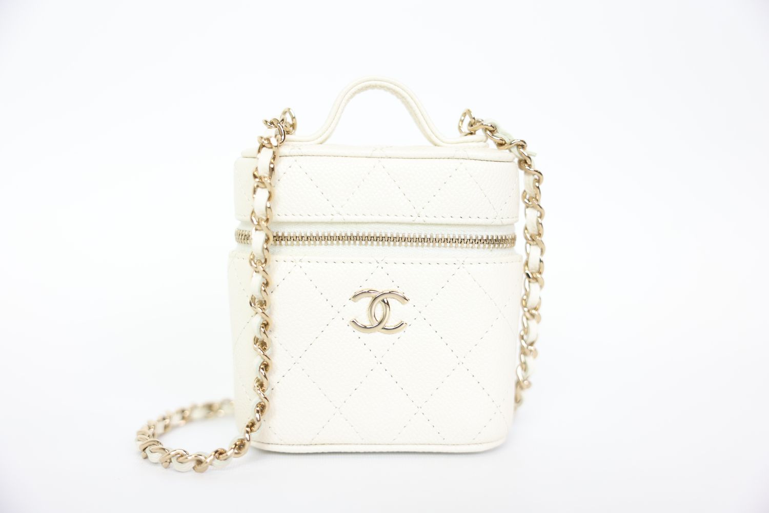 Chanel Vanity with Chain Bag Mini, 22C White Caviar with Gold Hardware, Preowned in Box WA001