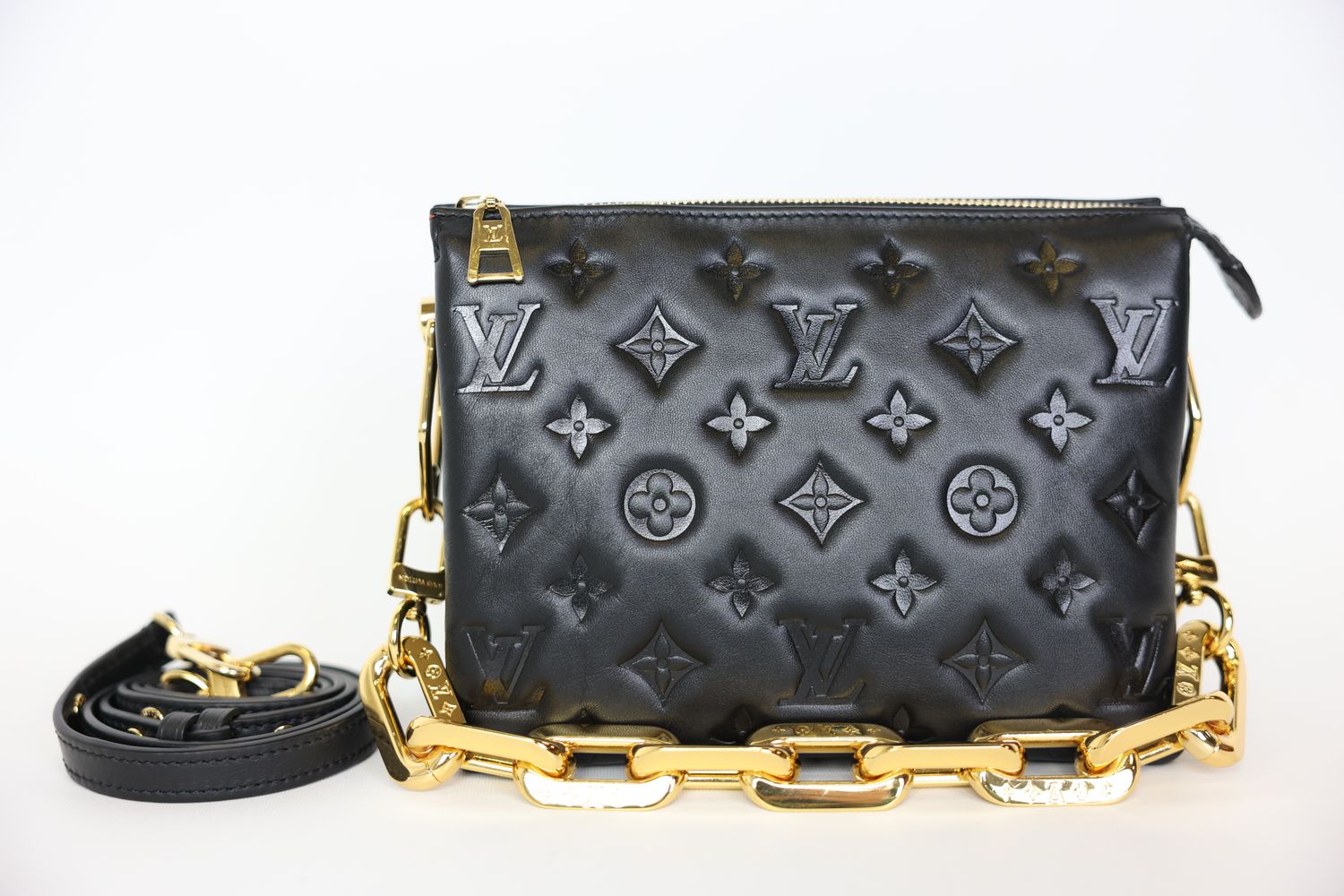 Louis Vuitton Coussin BB, Black Monogram-Embossed Puffy Lambskin with Gold Hardware, Preowned in Box WA001
