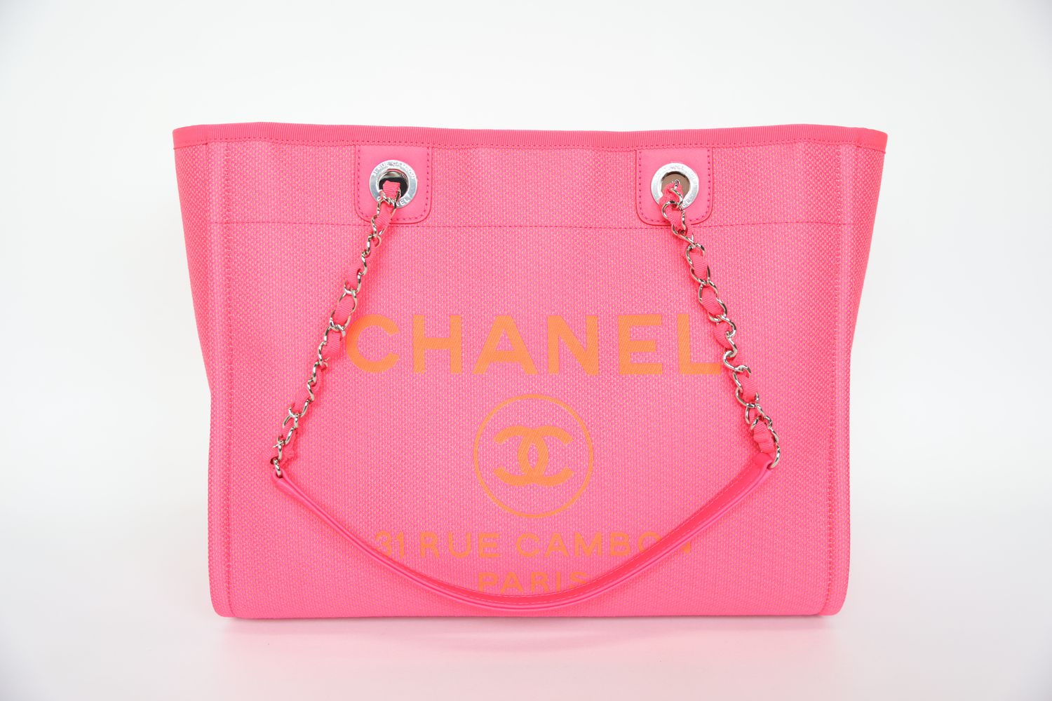 Chanel Deauville Tote Bag Medium, 21S Pink Orange Canvas and Calfskin with Silver Hardware, New in Box WA001