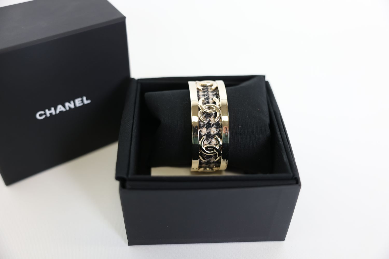 Chanel CC Cuff Bracelet, 22K Beige and Black Tweed with Gold Hardware, New in Box WA001