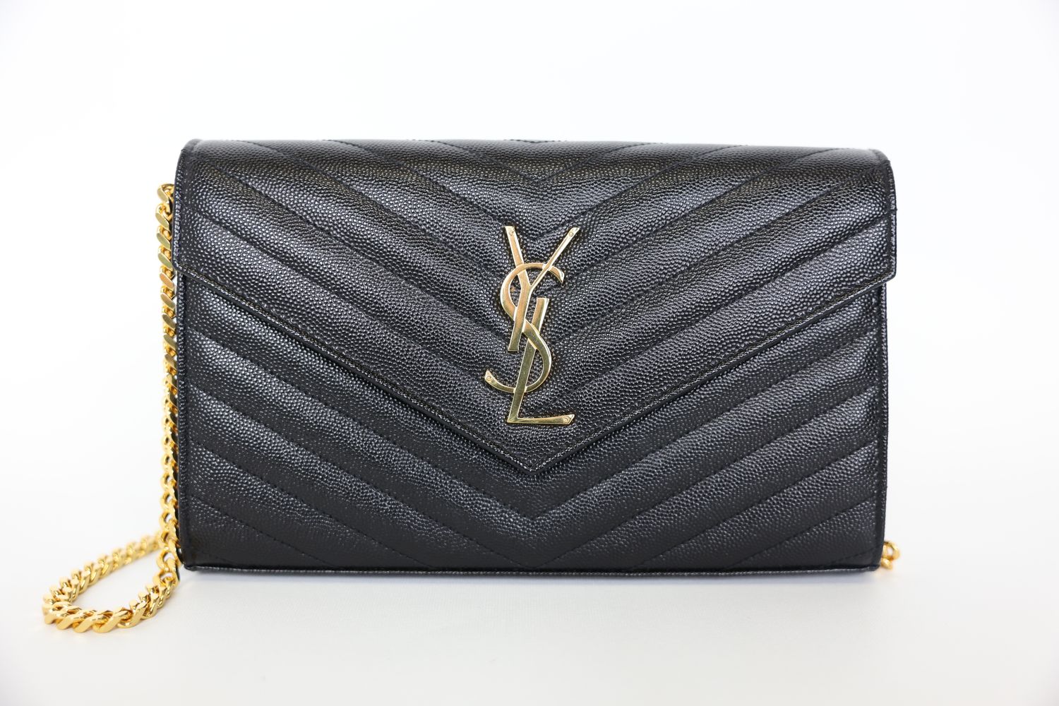 Saint Laurent Cassandre Envelope Chain Wallet, Black Grained Calfskin with Gold Hardware, Preowned in Box WA001