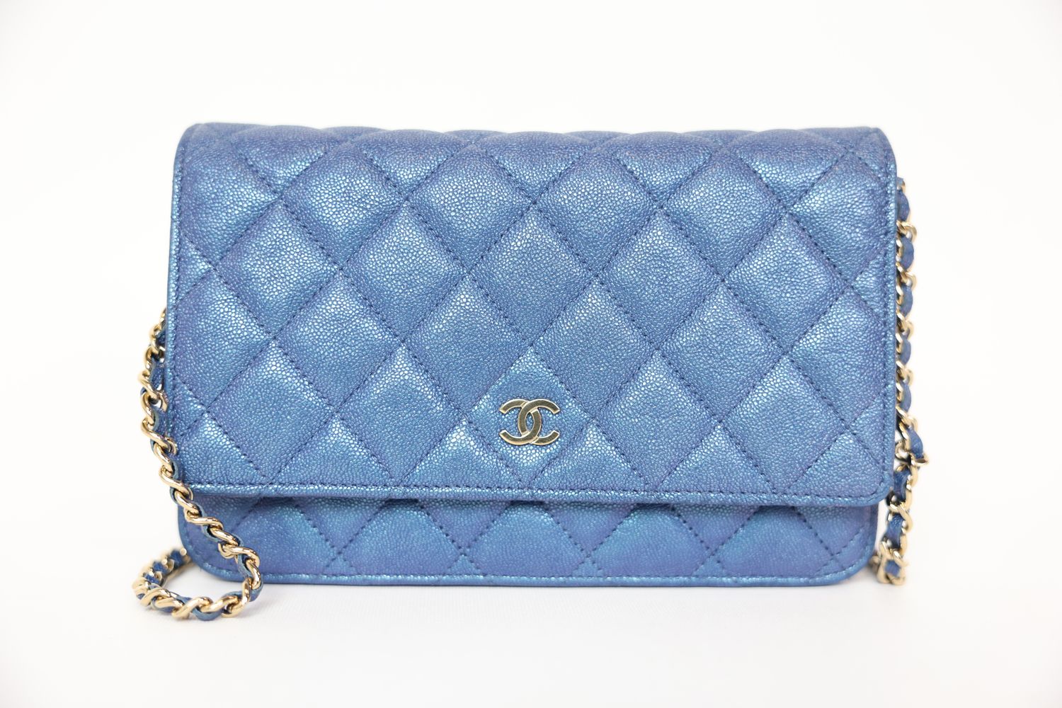 Chanel Classic Wallet on Chain, Iridescent Blue Caviar with Gold Hardware, Preowned in Box WA001