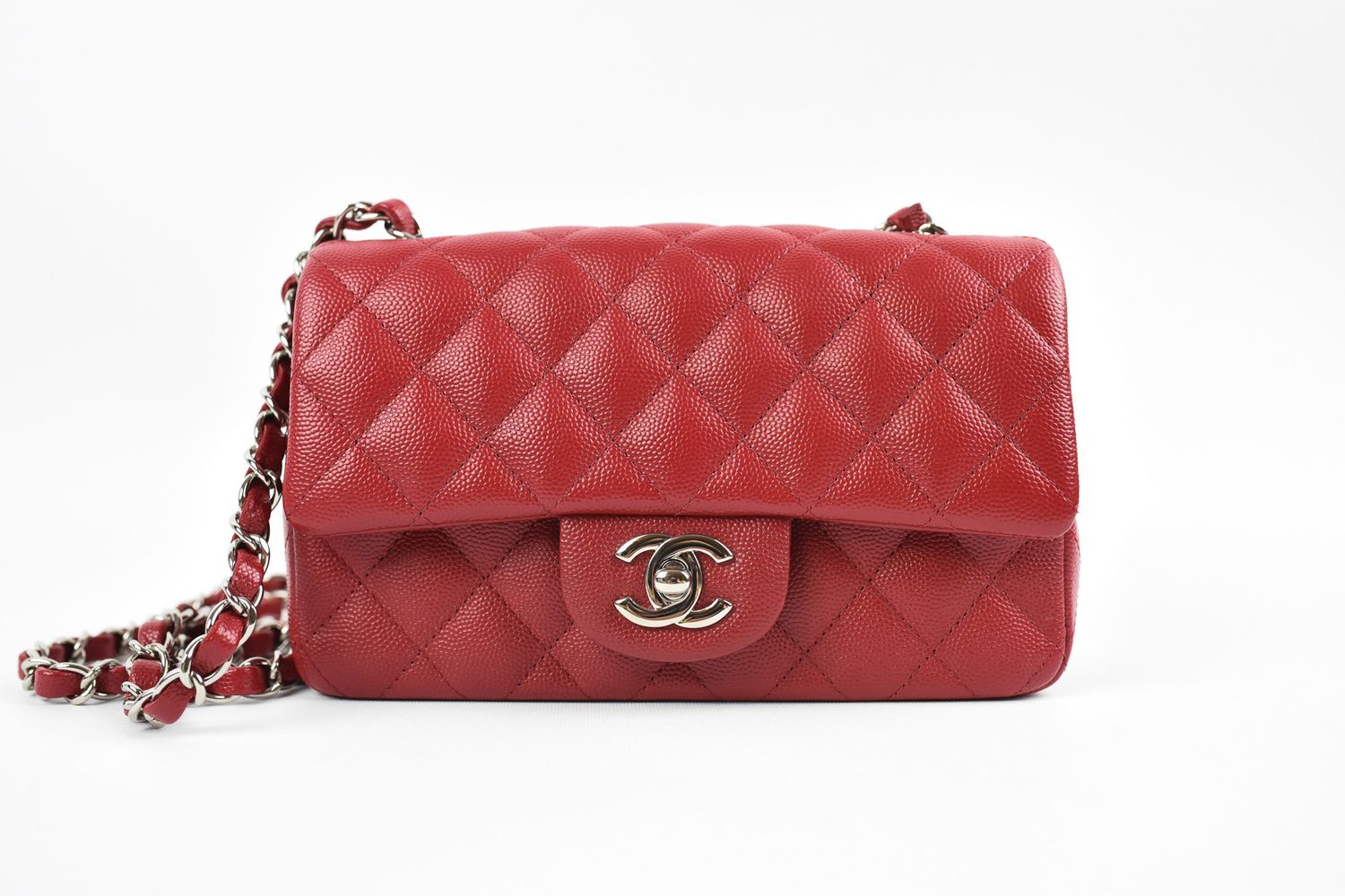 Chanel Mini Rectangle, 17B Red Caviar Leather with Silver Hardware, Excellent Condition in Box GA001