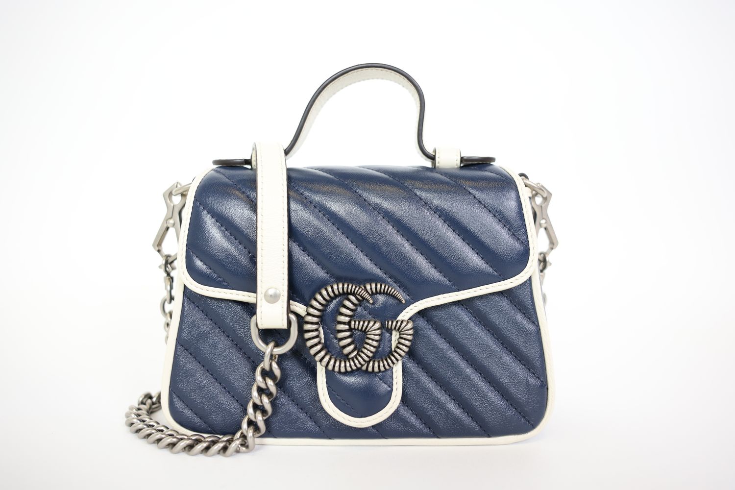 Gucci GG Marmont Top Handle Satchel Bag Mini, Navy Blue and White Calfskin with Aged Silver Hardware, Preowned in Dustbag WA001