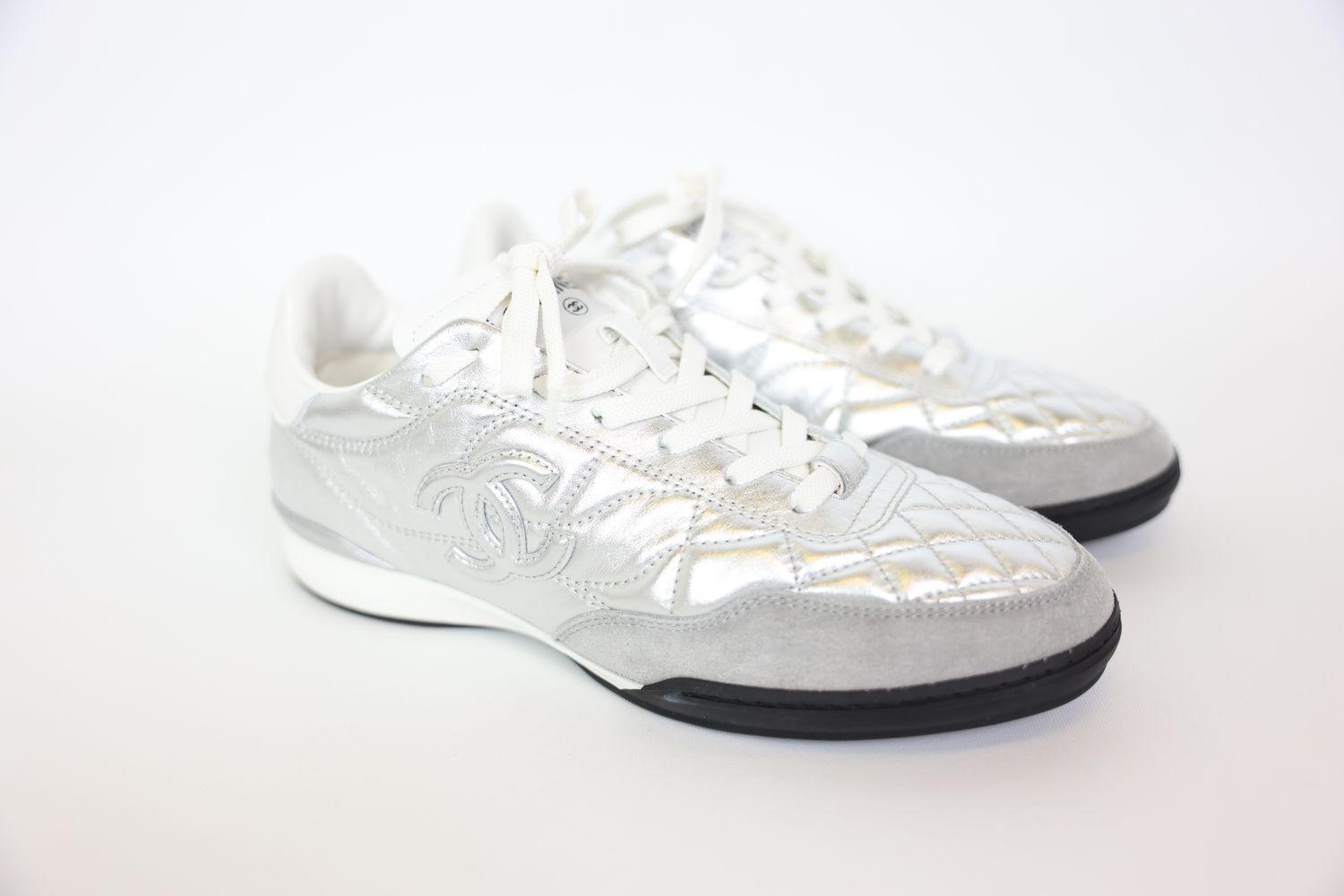 Chanel CC Quilted Sneakers Size 39, White and Silver Cowhide, New in Box WA001